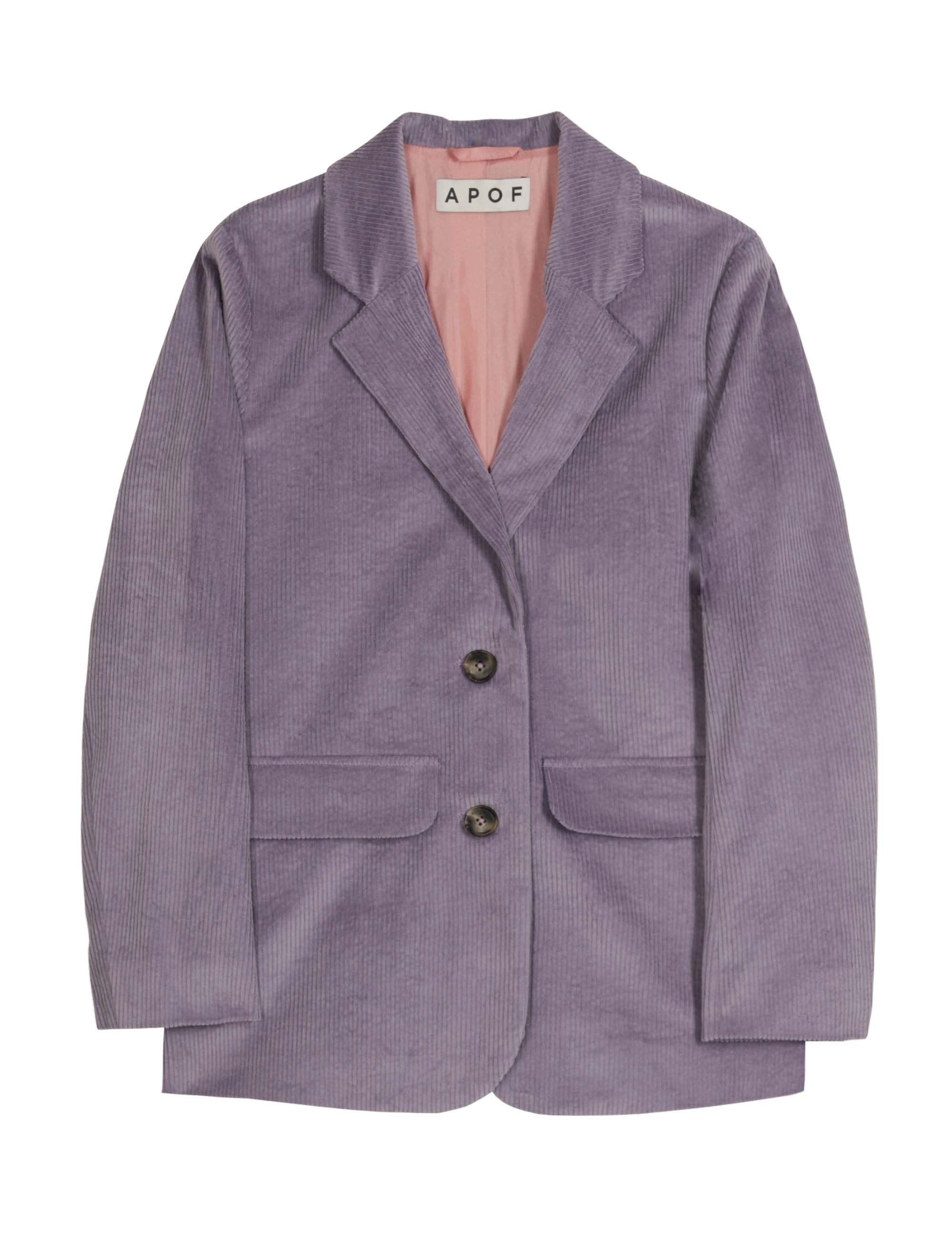 lilac corduroy blazer with two-button front and pink inner lining