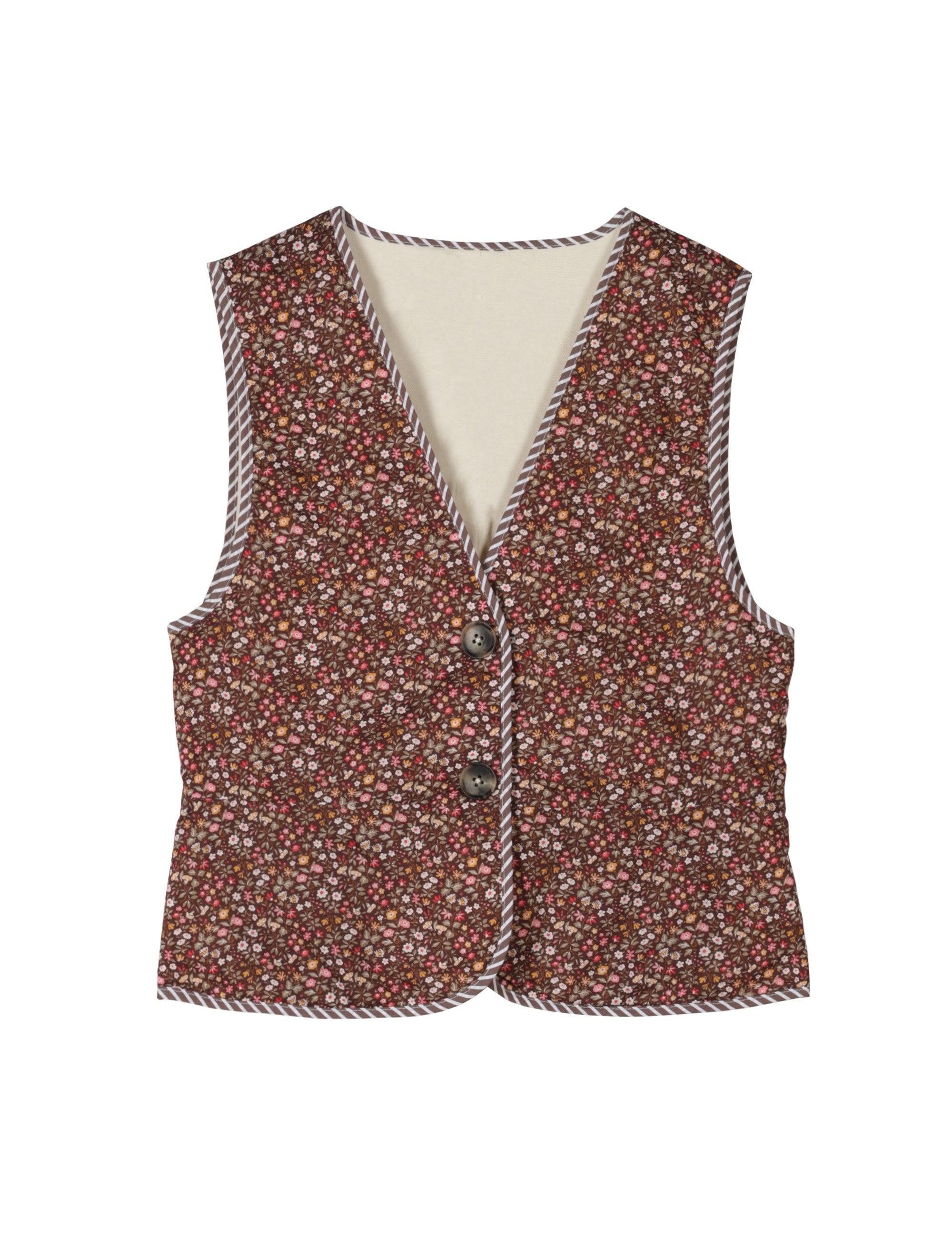 Reversible cream colored and small floral print vest with buttons, pockets and floral print pipings