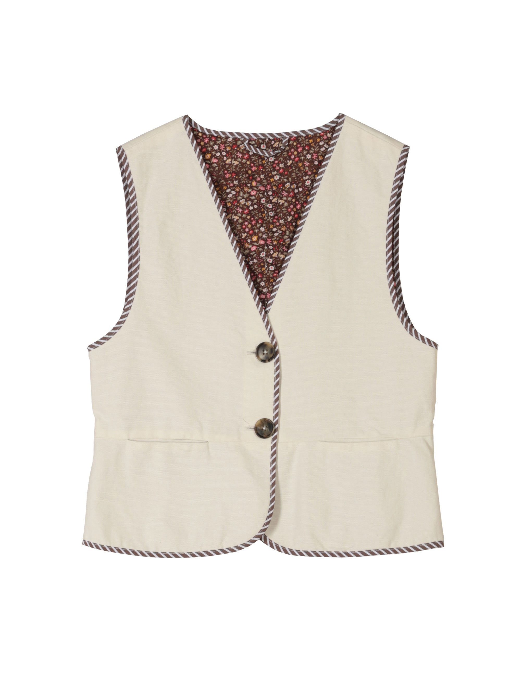 Reversible cream colored vest with buttons, pockets and floral print pipings