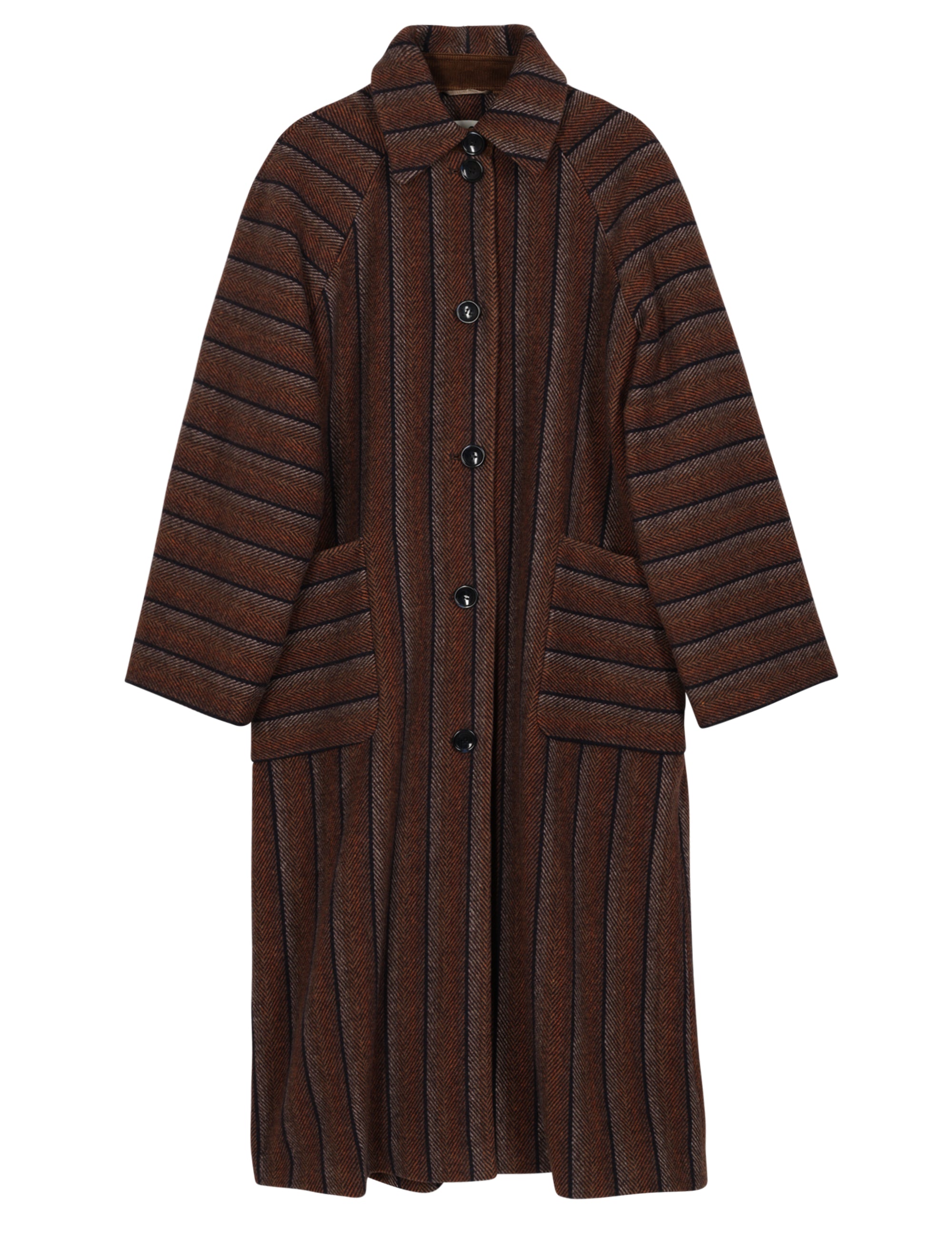 Women's long wool coat with black and brown stripes, pockets, button and a collar