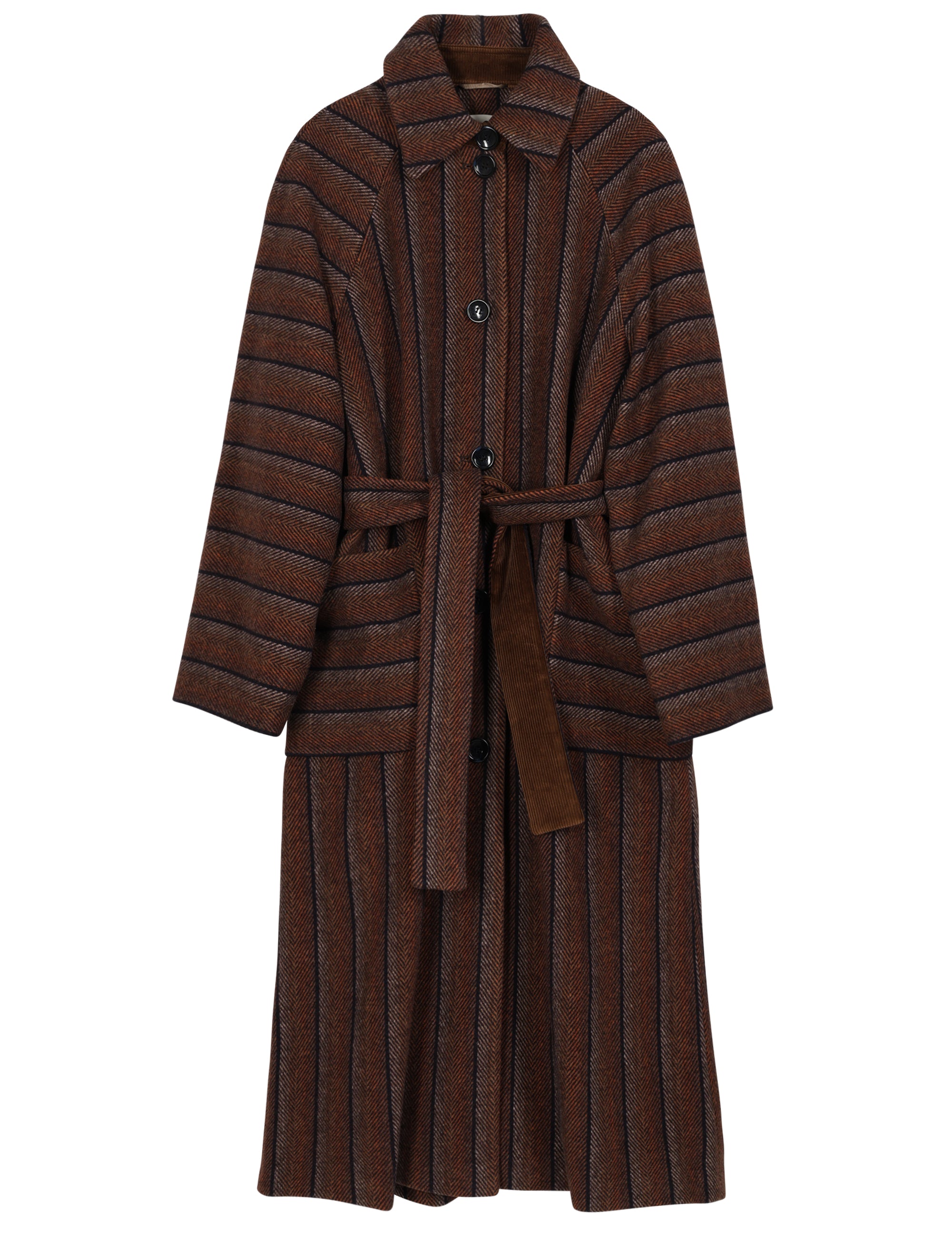 Women's long wool coat with black and brown stripes, belt, pockets, button and a collar