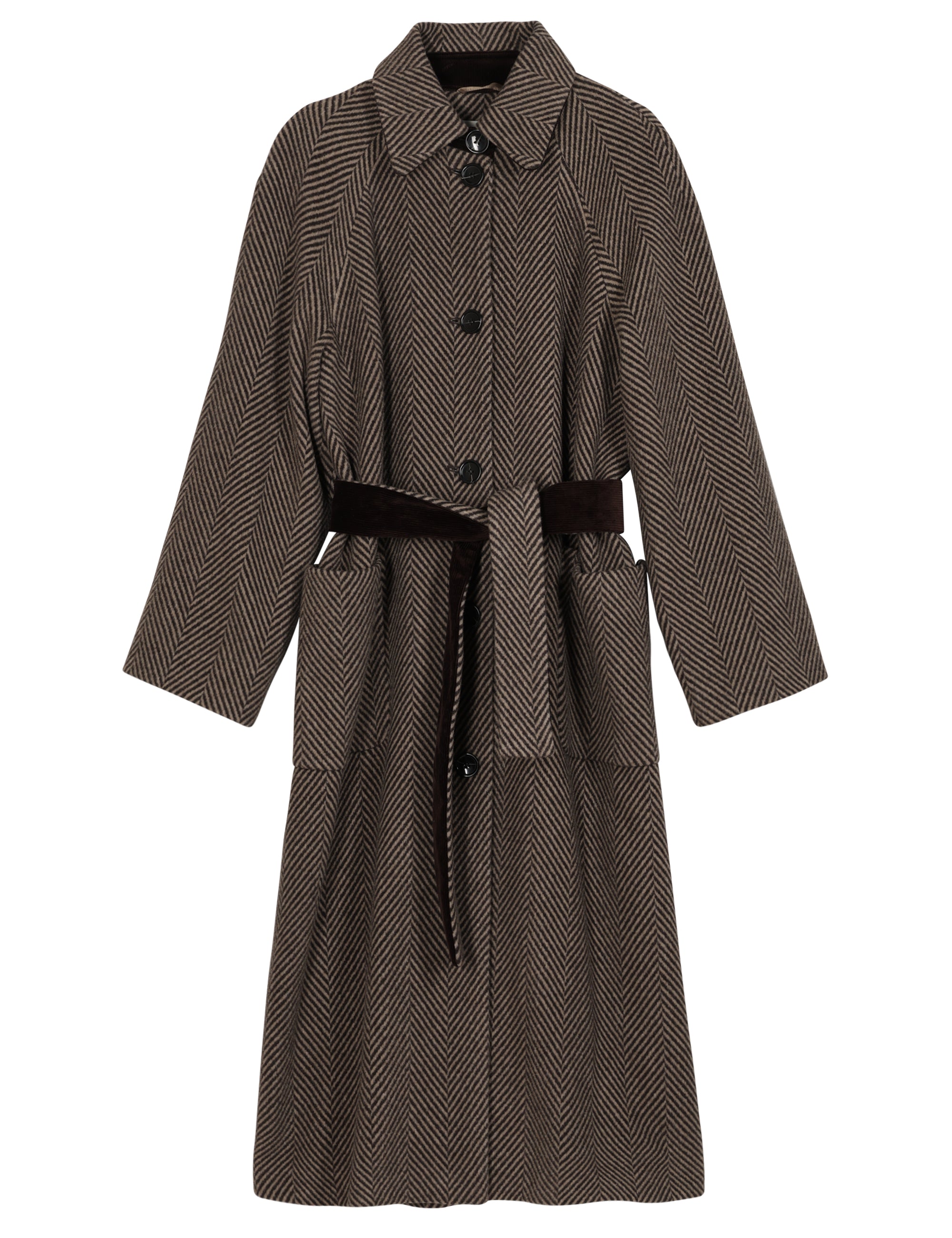 Women's long herringbone patterned wool coat with collar, pockets, large buttons and matching belt
