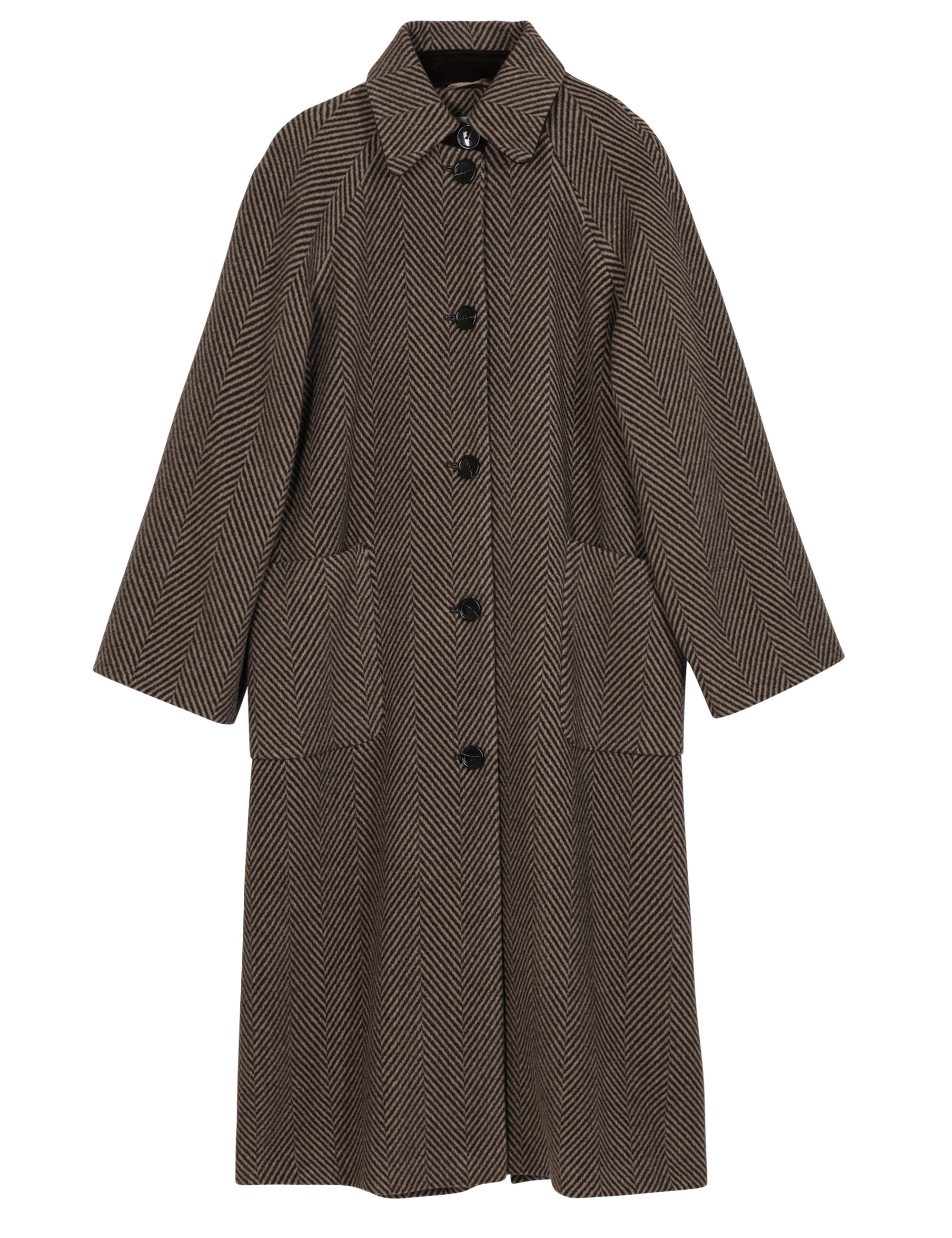 Long herringbone patterned wool coat with collar, pockets, large buttons