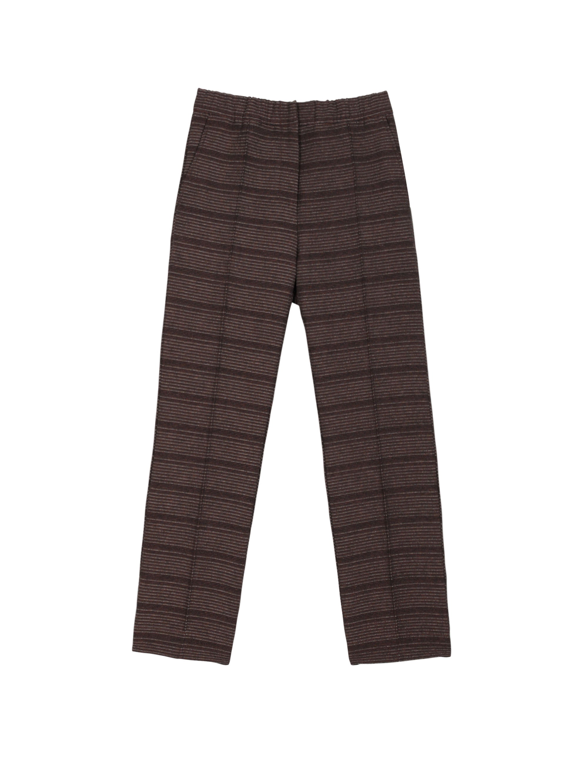 Brown patterned women's trousers laid flat, front view