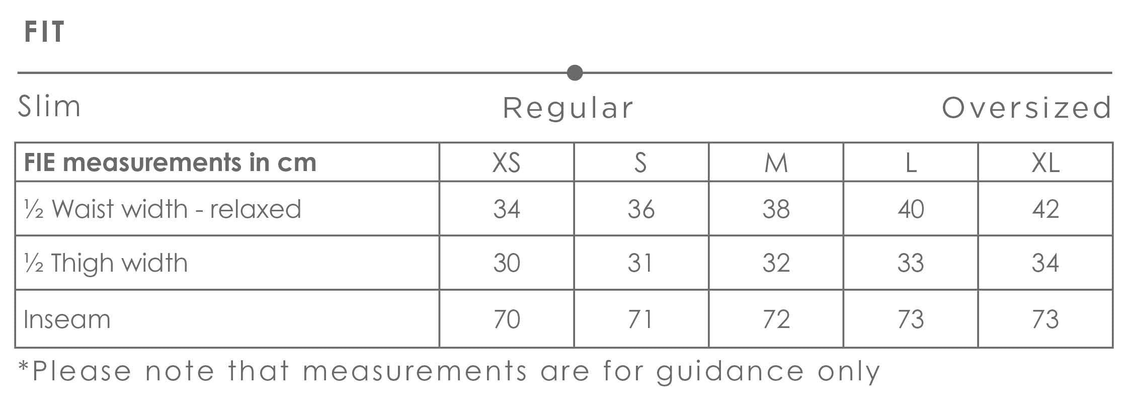 Size chart for apof Fie pants