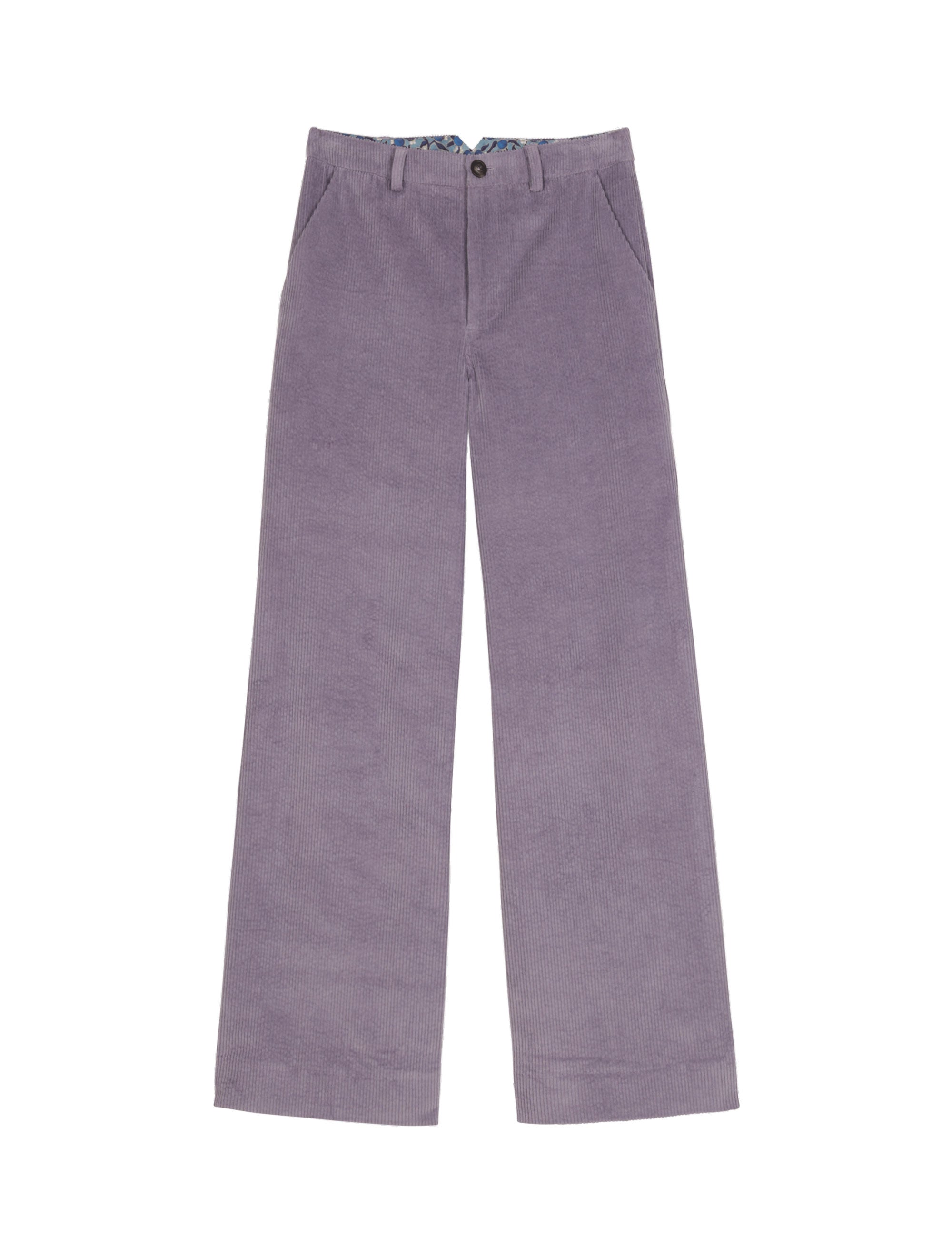 Flat lay of wide-leg purple corduroy trousers with waistband and pockets