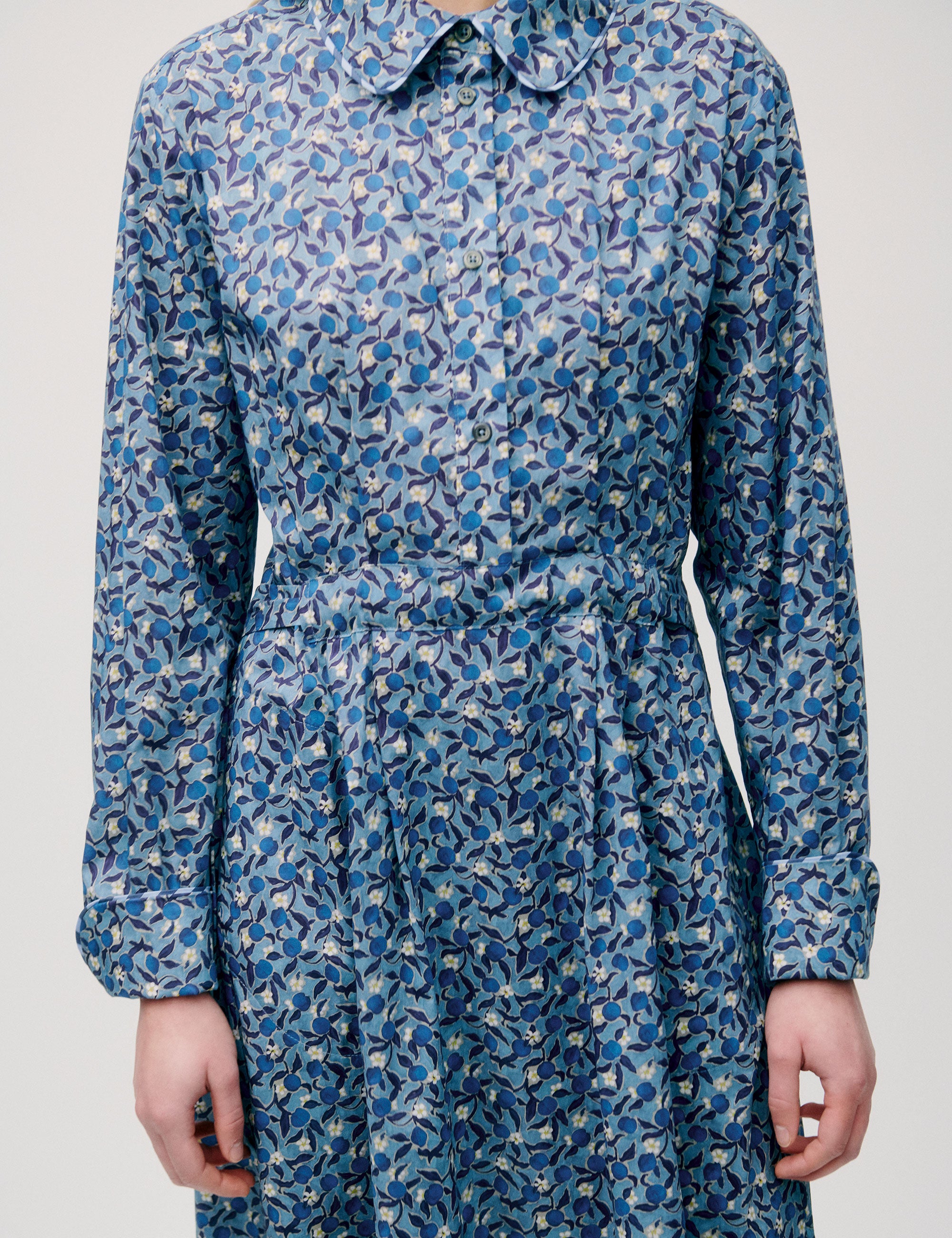 Woman in long blue flower patterned dress with long sleeves, buttons and fabric belt