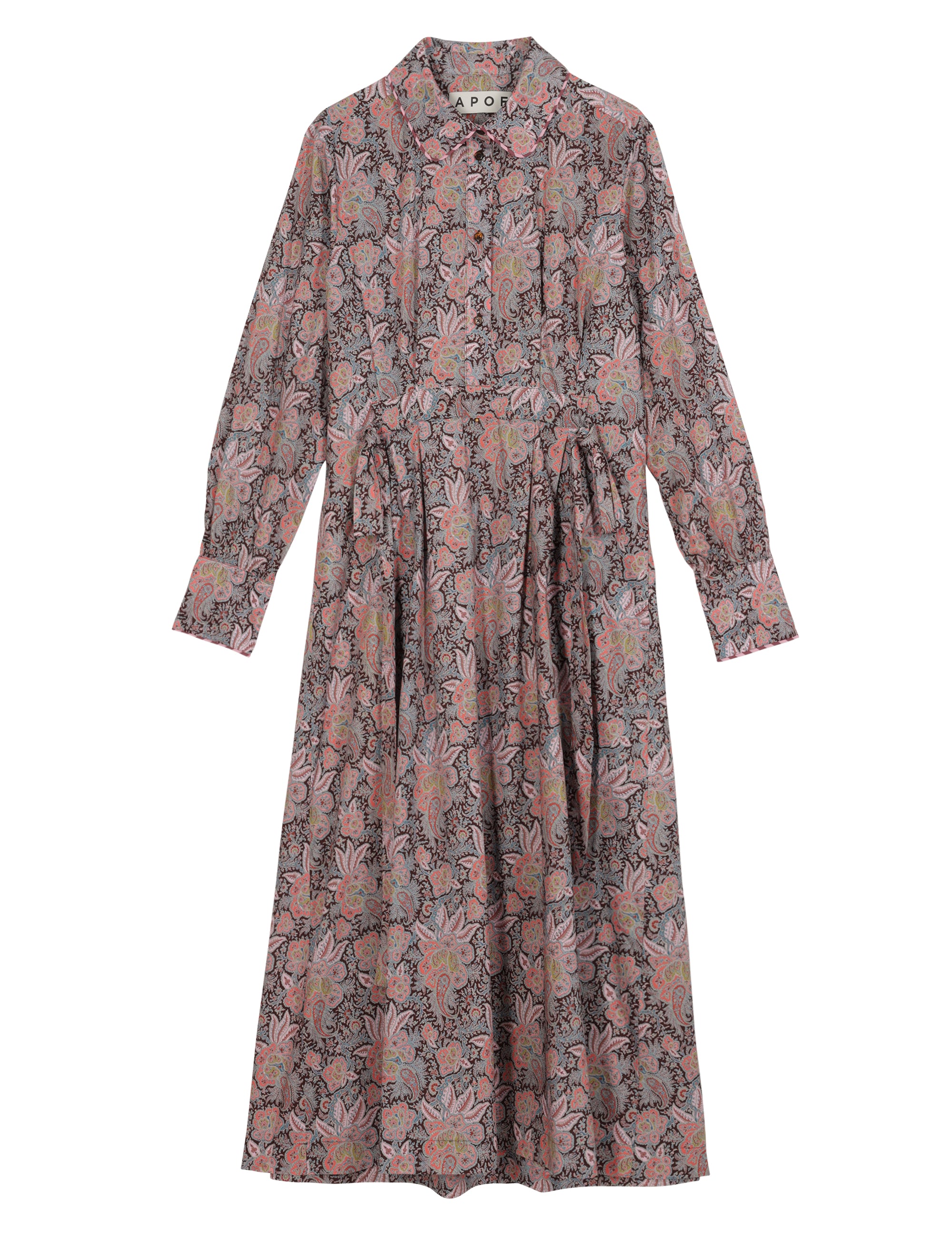 Long dress with pink and blue flower paisley pattern, buttons, long sleeves and pockets