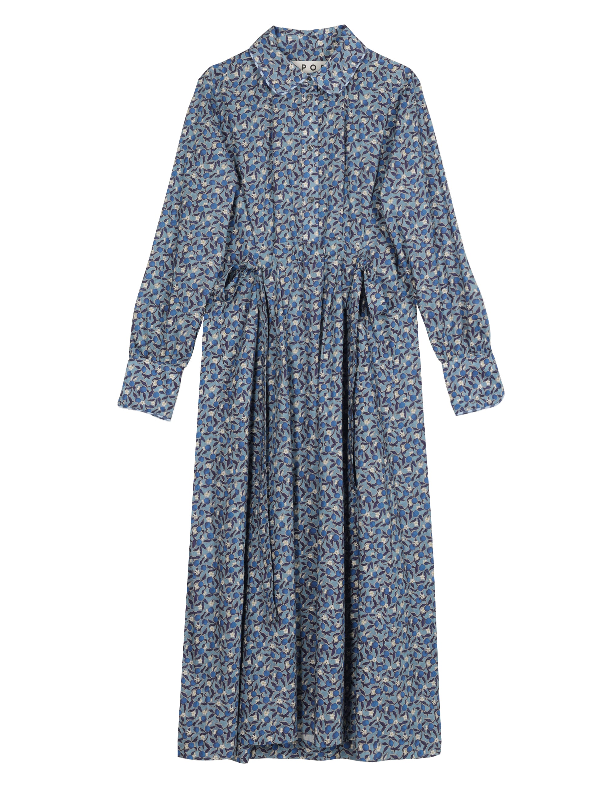 Long blue flower patterned dress with long sleeves, buttons and fabric belt