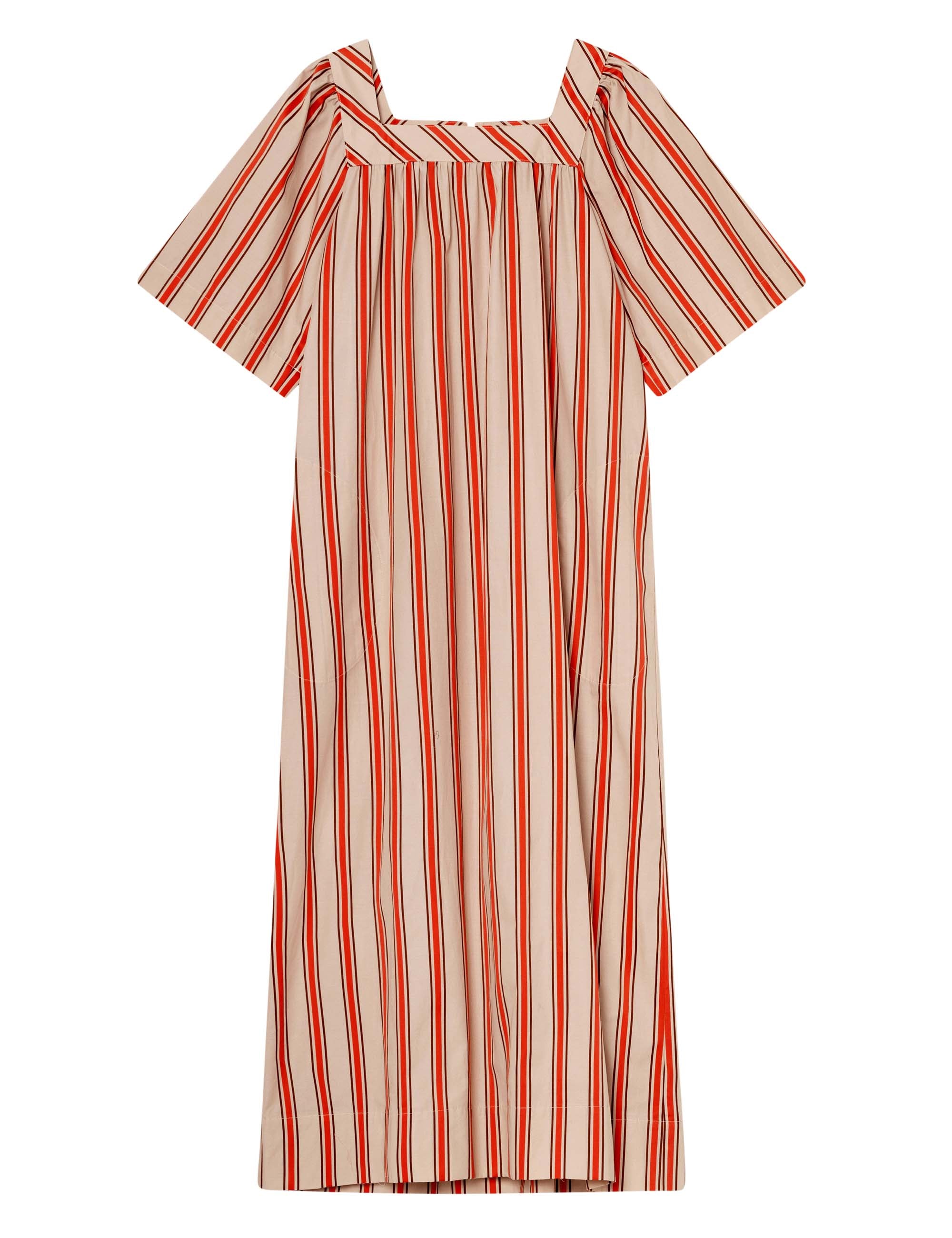 Red and white striped summer dress with short sleeves and hidden pockets