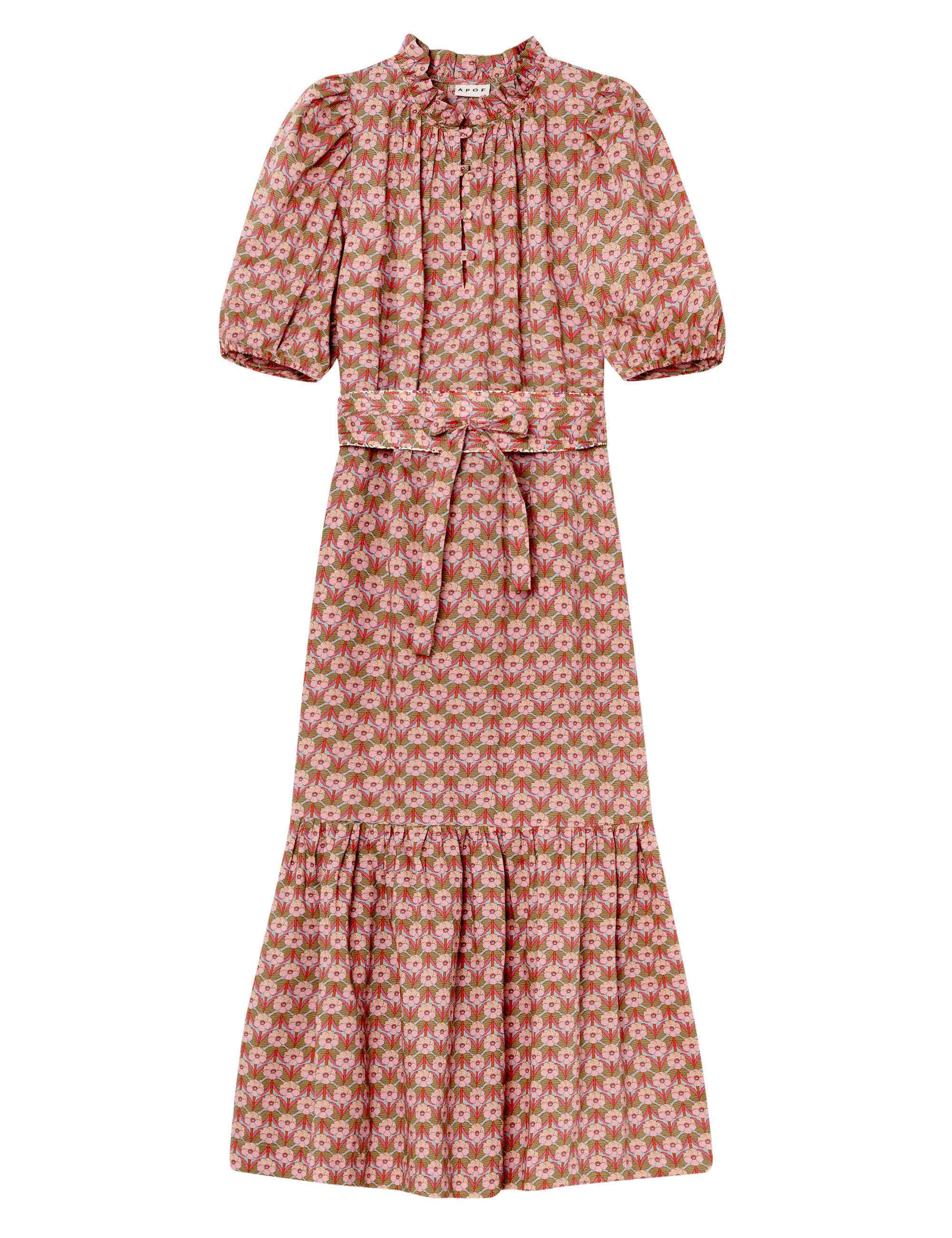 Maxi dress with pink flower print, short puff sleeves, belt and buttoned collar