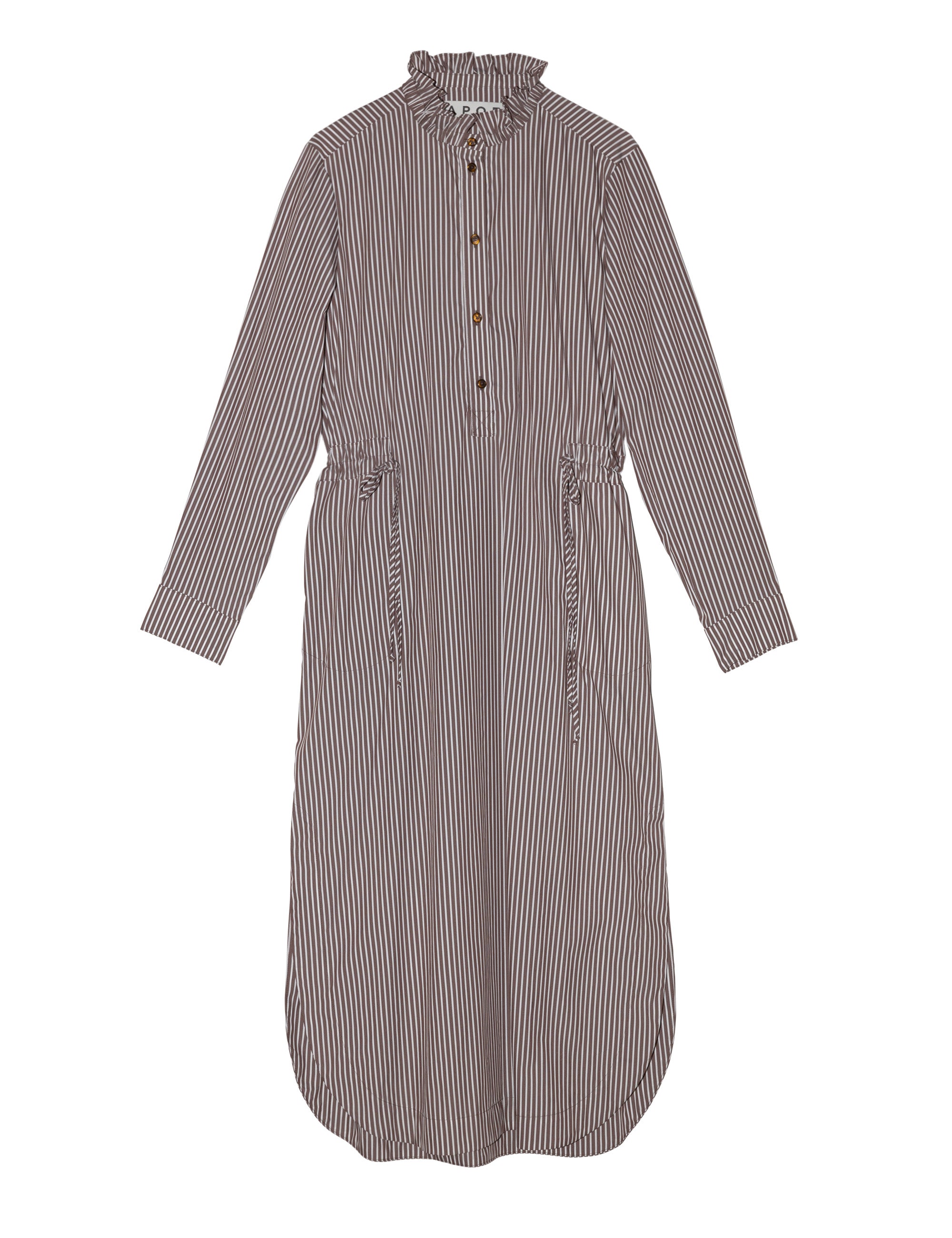 Liberty cotton brown and white striped midi dress with long sleeves and ruffled collar
