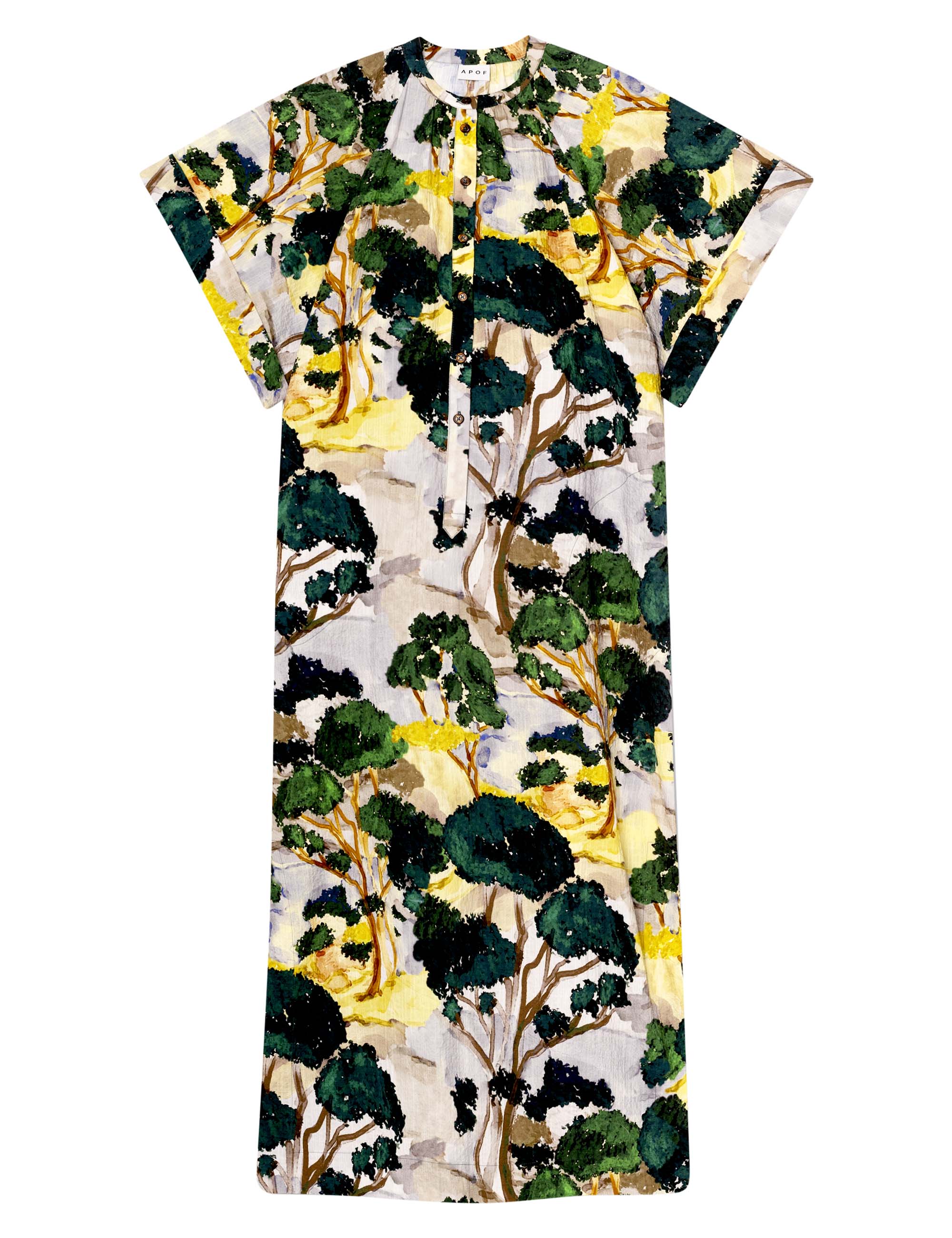 Green white and yellow kimono dress with short sleves and buttons