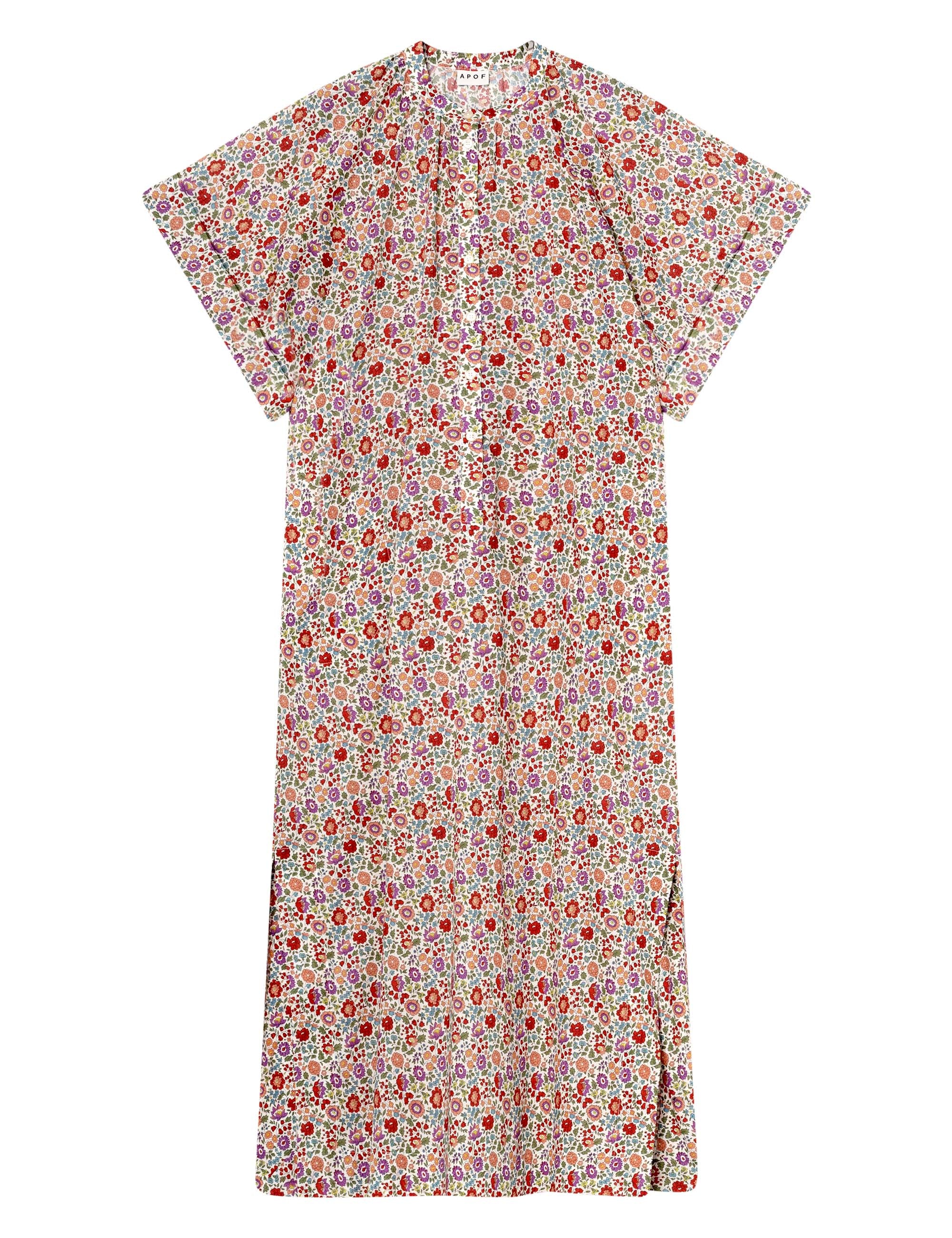Multi-colored pink an red floral patterned dress with kimono sleeves