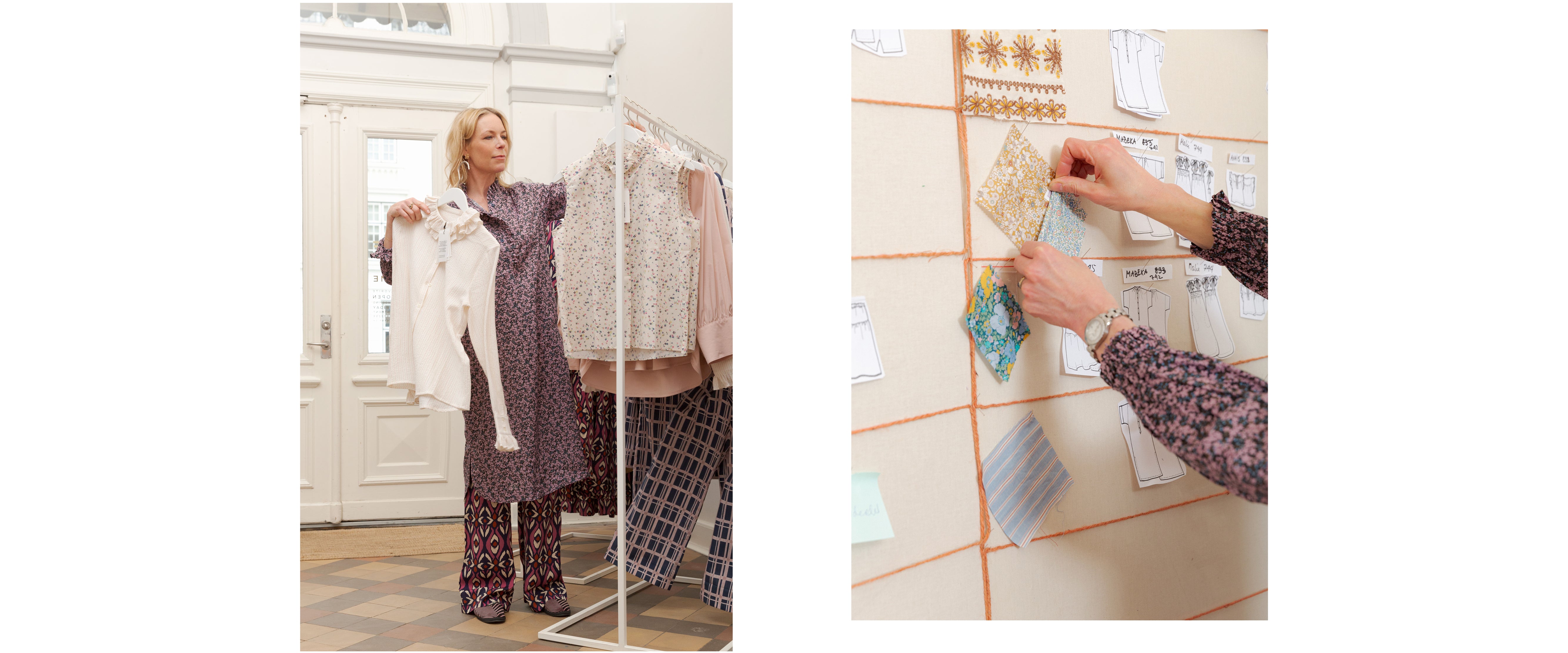 Woman hanging clothes on rack and putting up fabric samples on wall