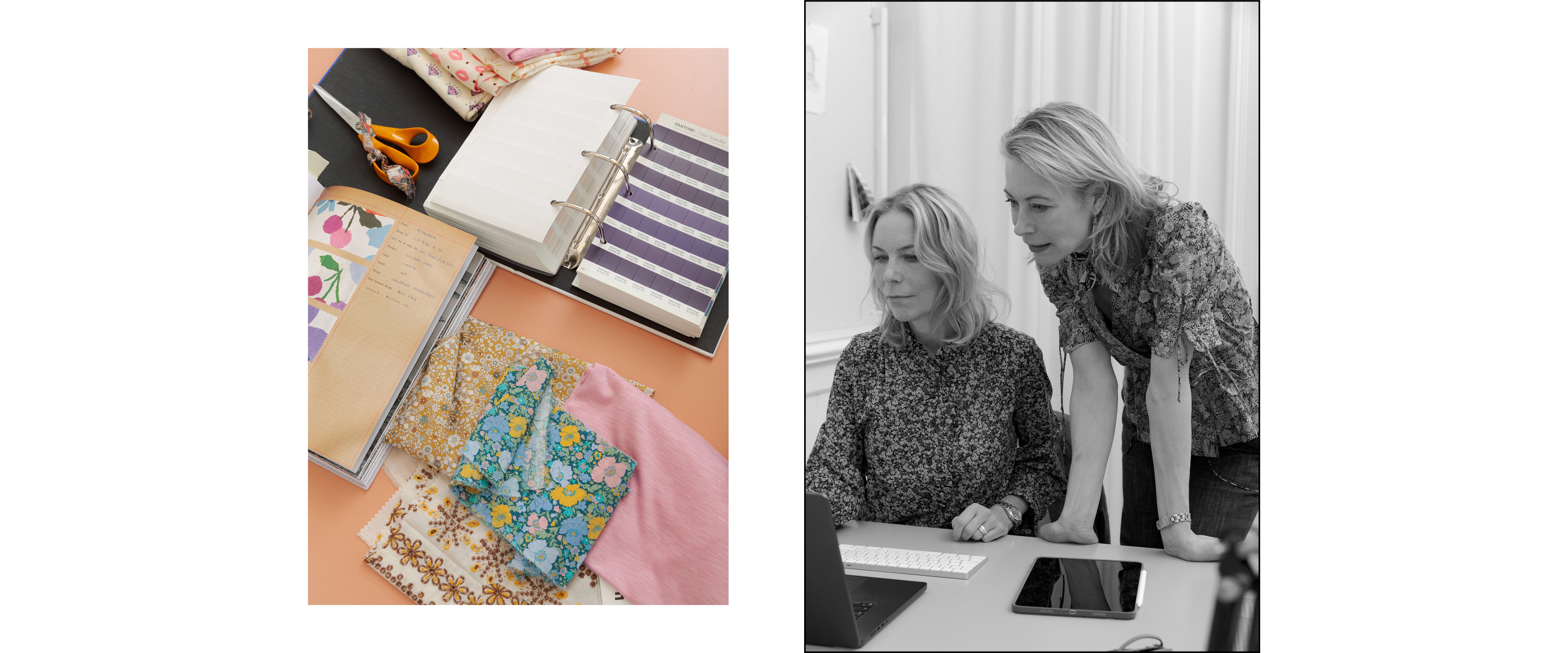 2 women working at table with laptop, notebook and floral patterned fabric samples