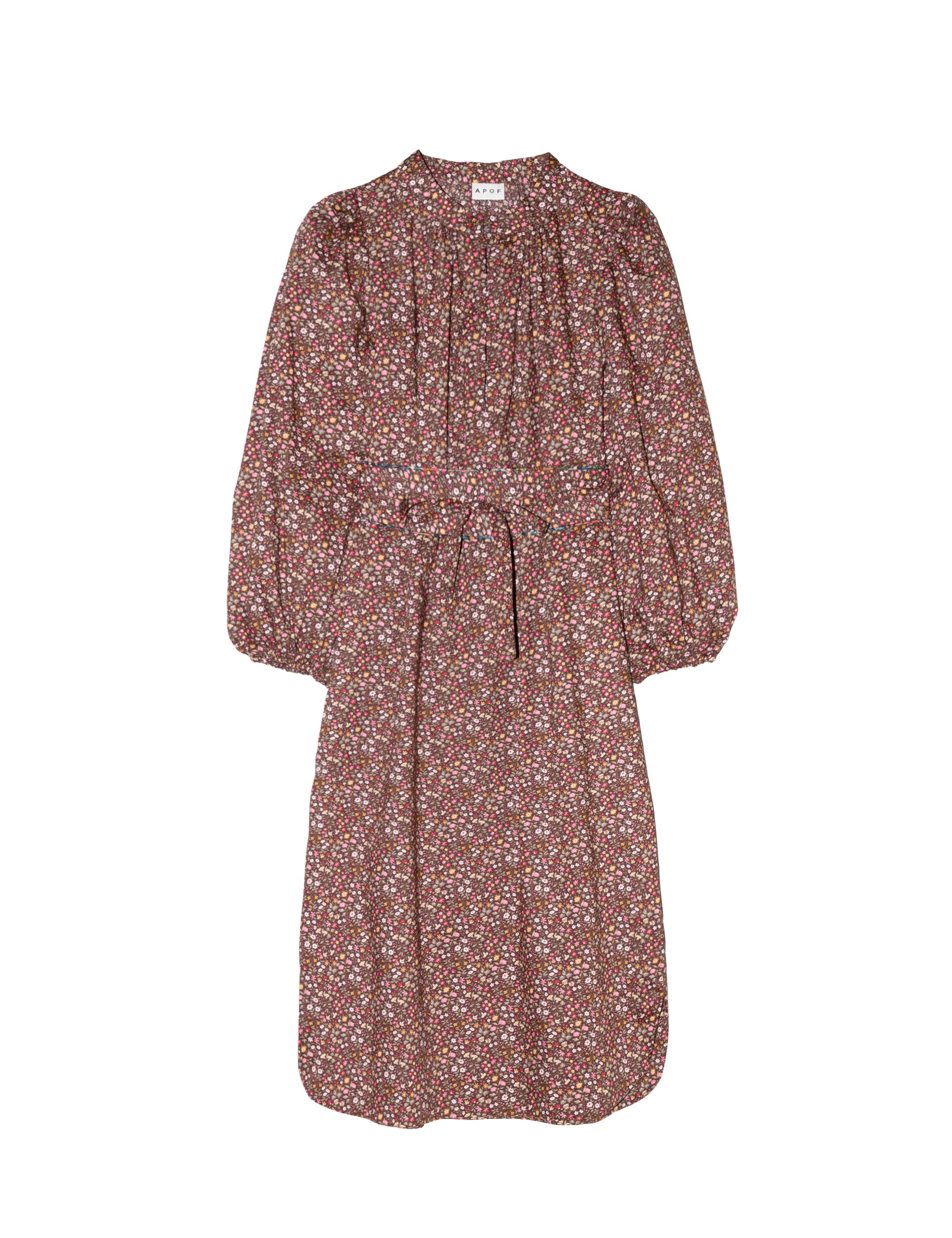 Liberty cotton brown floral print midi dress with long sleeves and matching belt