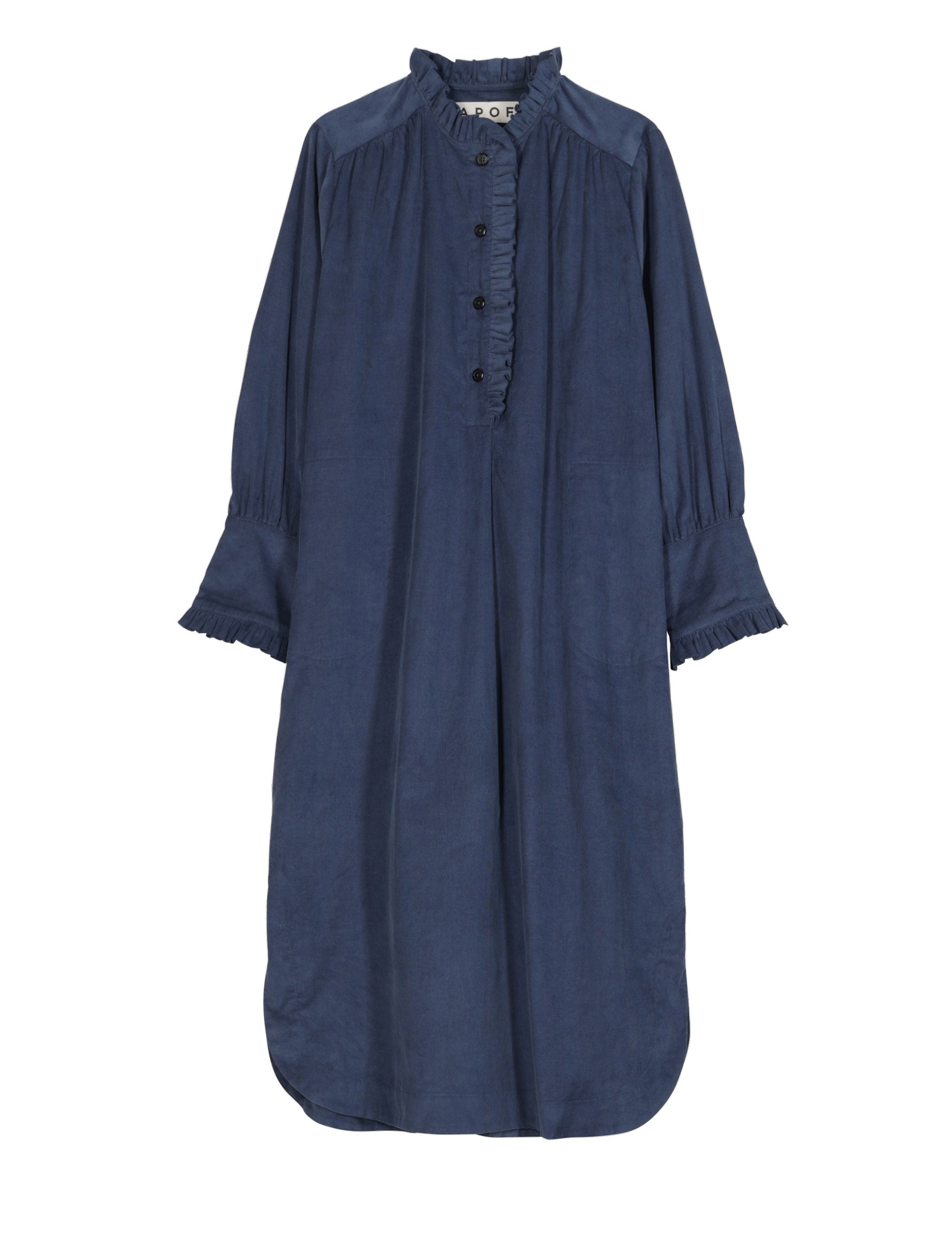 Flat lay of blue long-sleeve corduroy shirt dress with ruffle neckline and button front