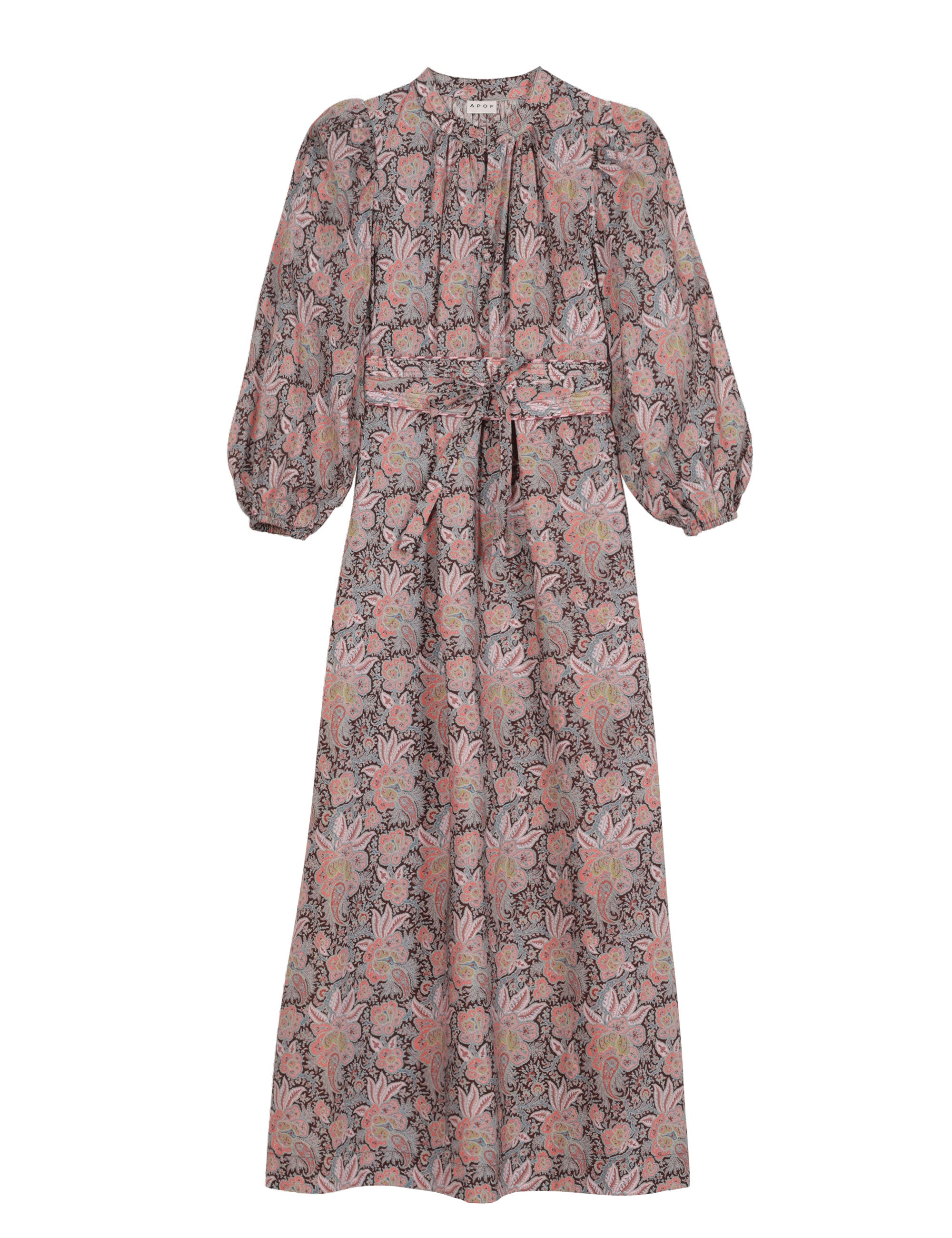 long-sleeve pink dress with all-over paisley print and tie waist