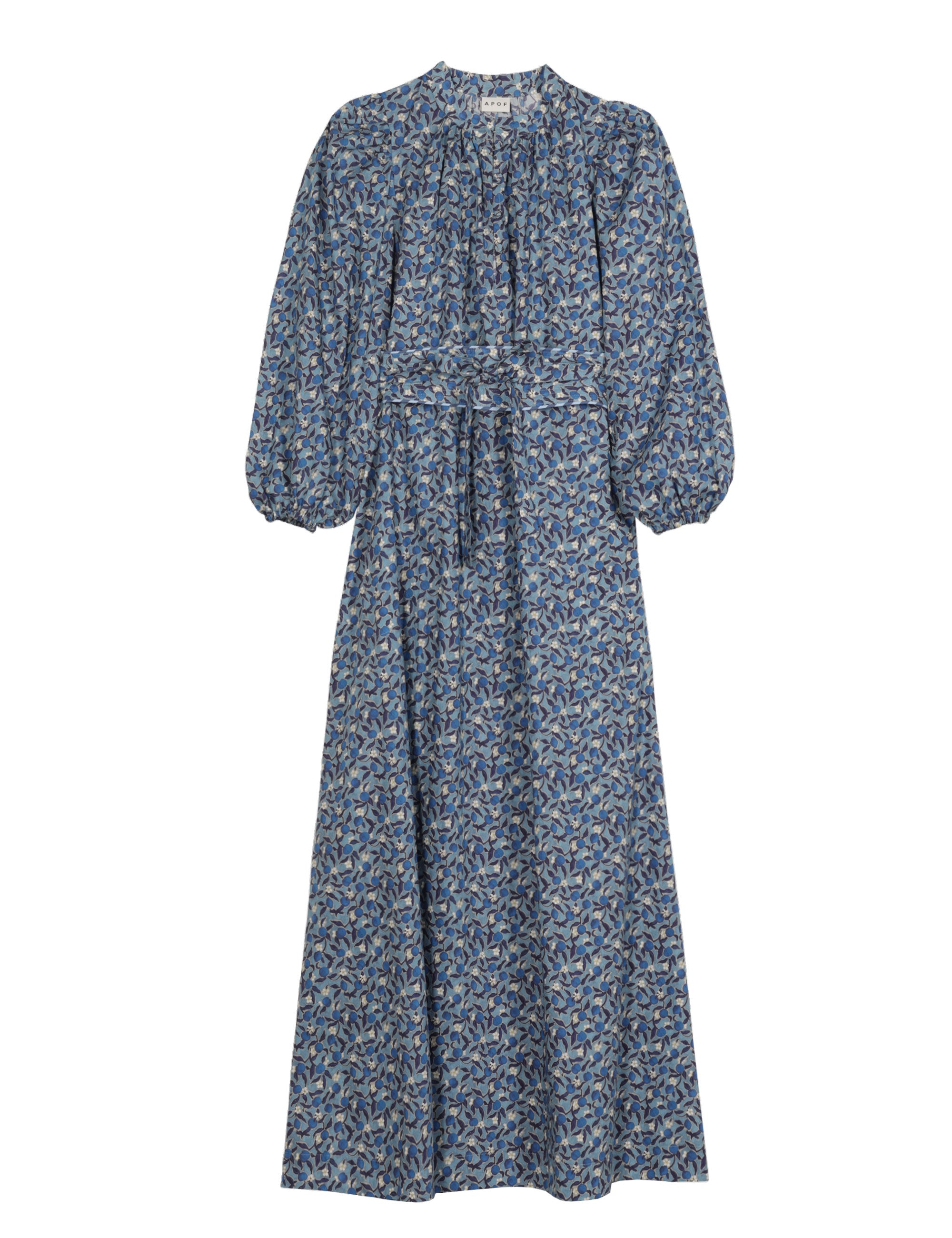 long-sleeve blue floral dress with tie waist and gathered neckline