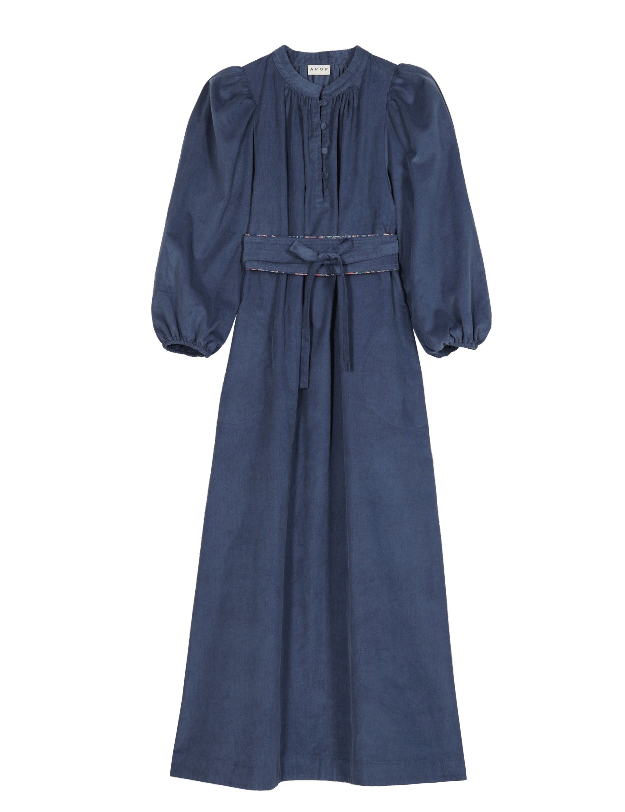 Long blue corduroy dress with puff sleeves, pleated neckline, and waist tie