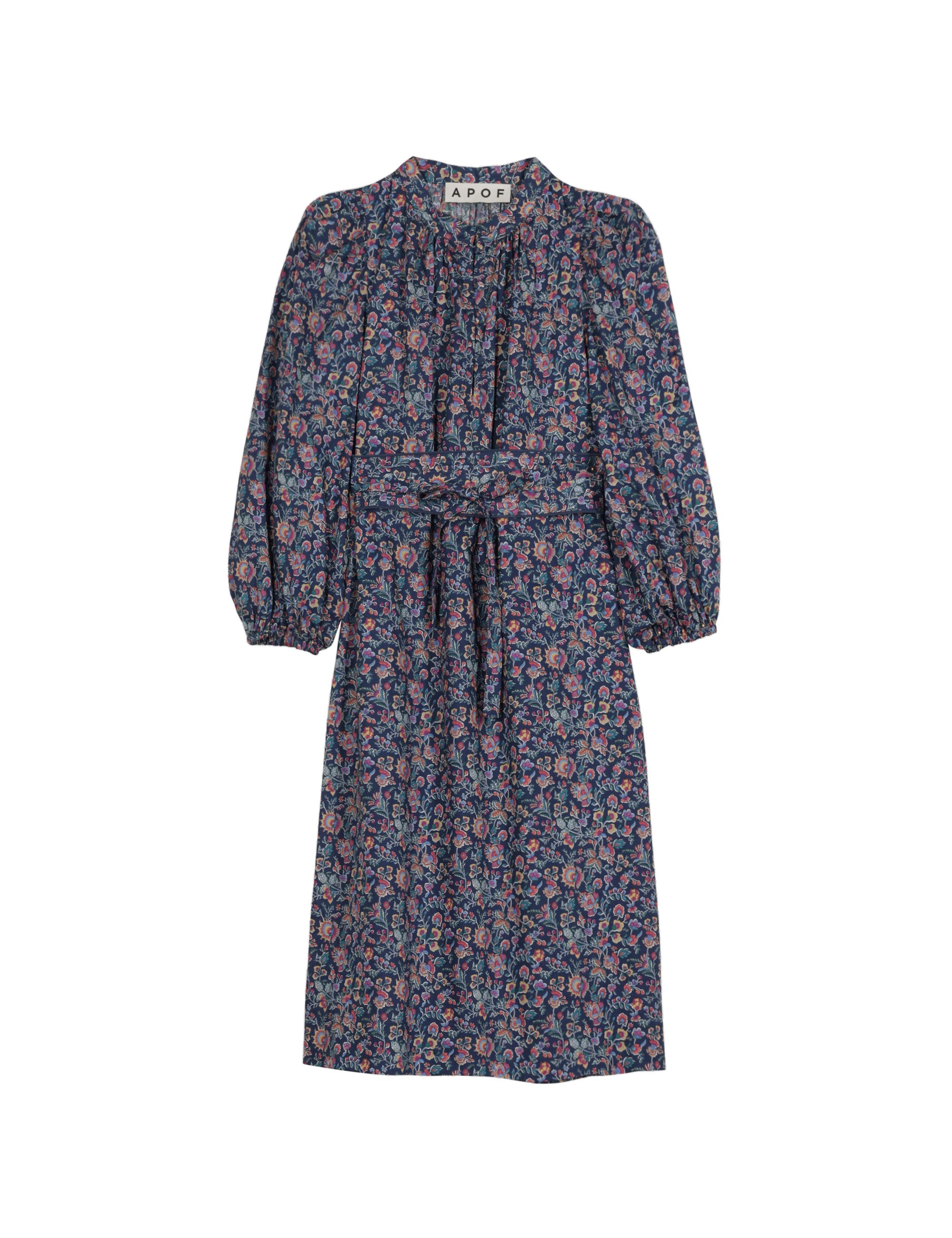 Pink and blue flower patterned short dress with long puff sleeves and matching belt