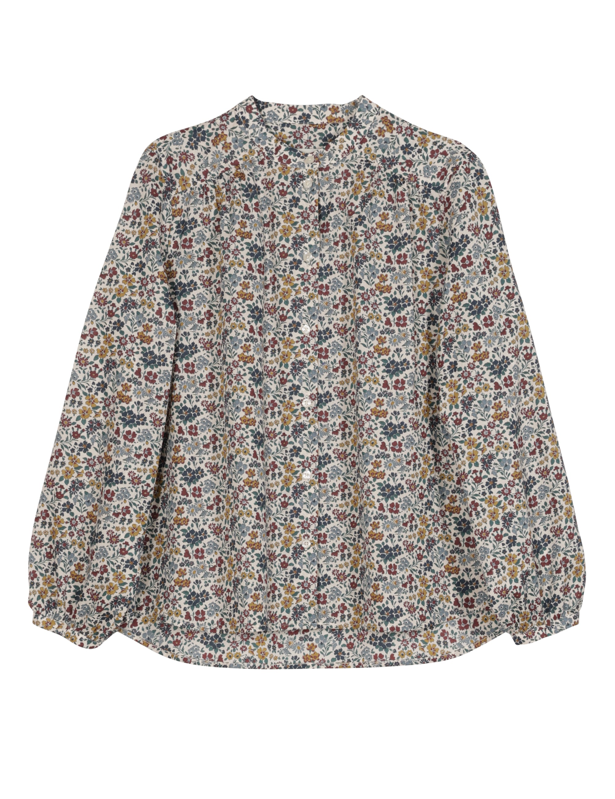 Blue yellow and red floral patterned women's shirt with buttons and long sleeves