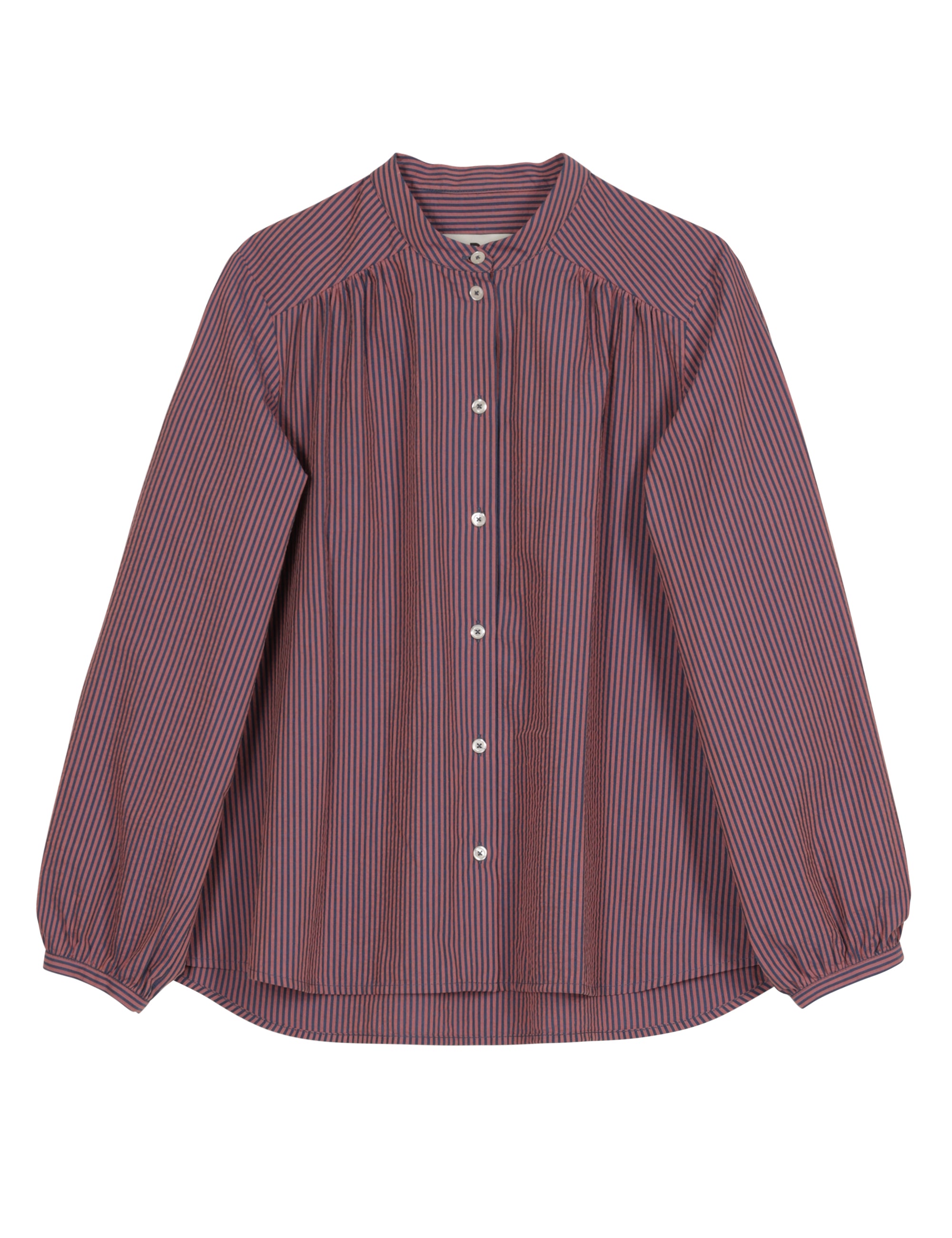 Women's long sleeved pink striped shirt with white buttons