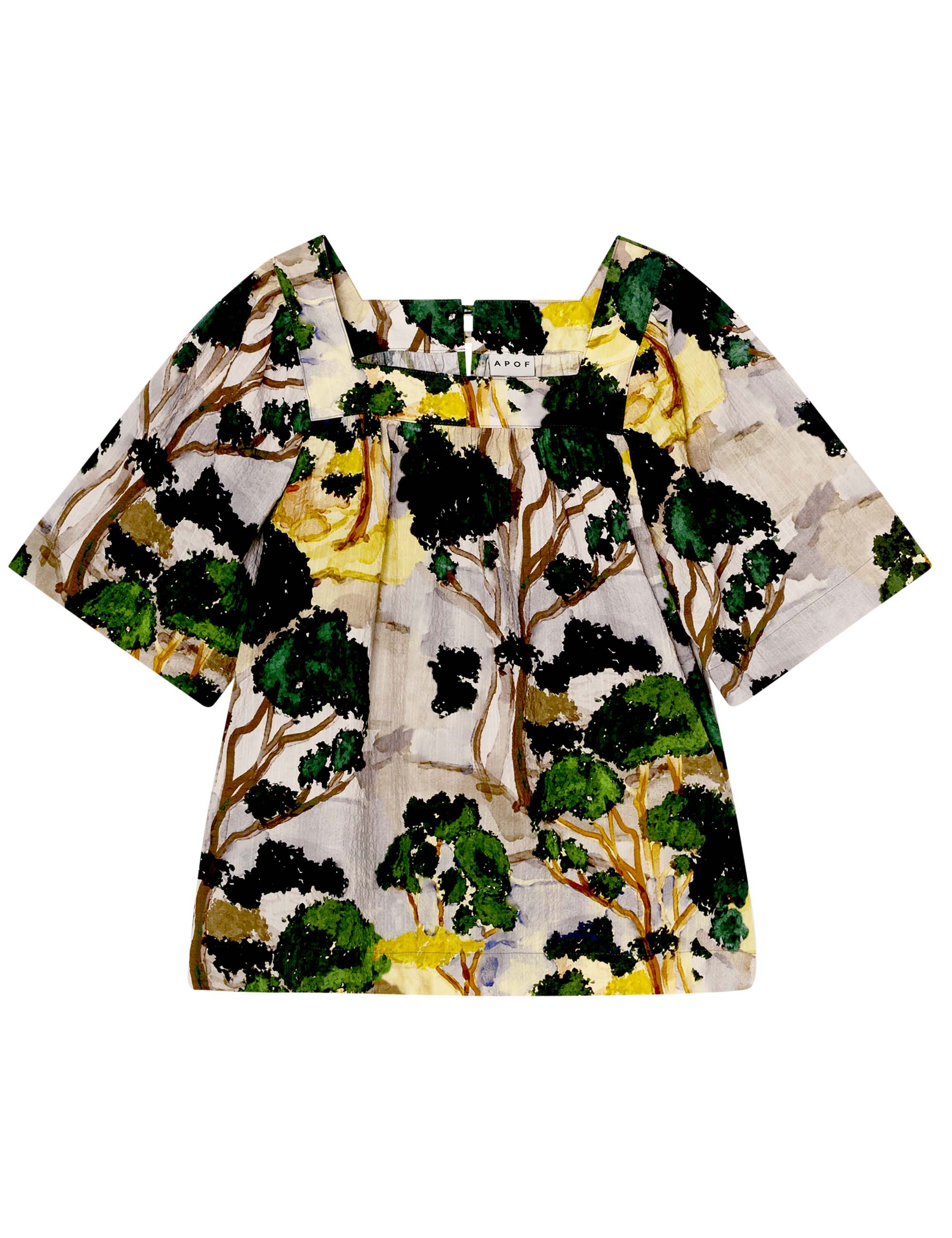 Loose fit blouse with short sleeves in green yellow and white artistic patterned cotton
