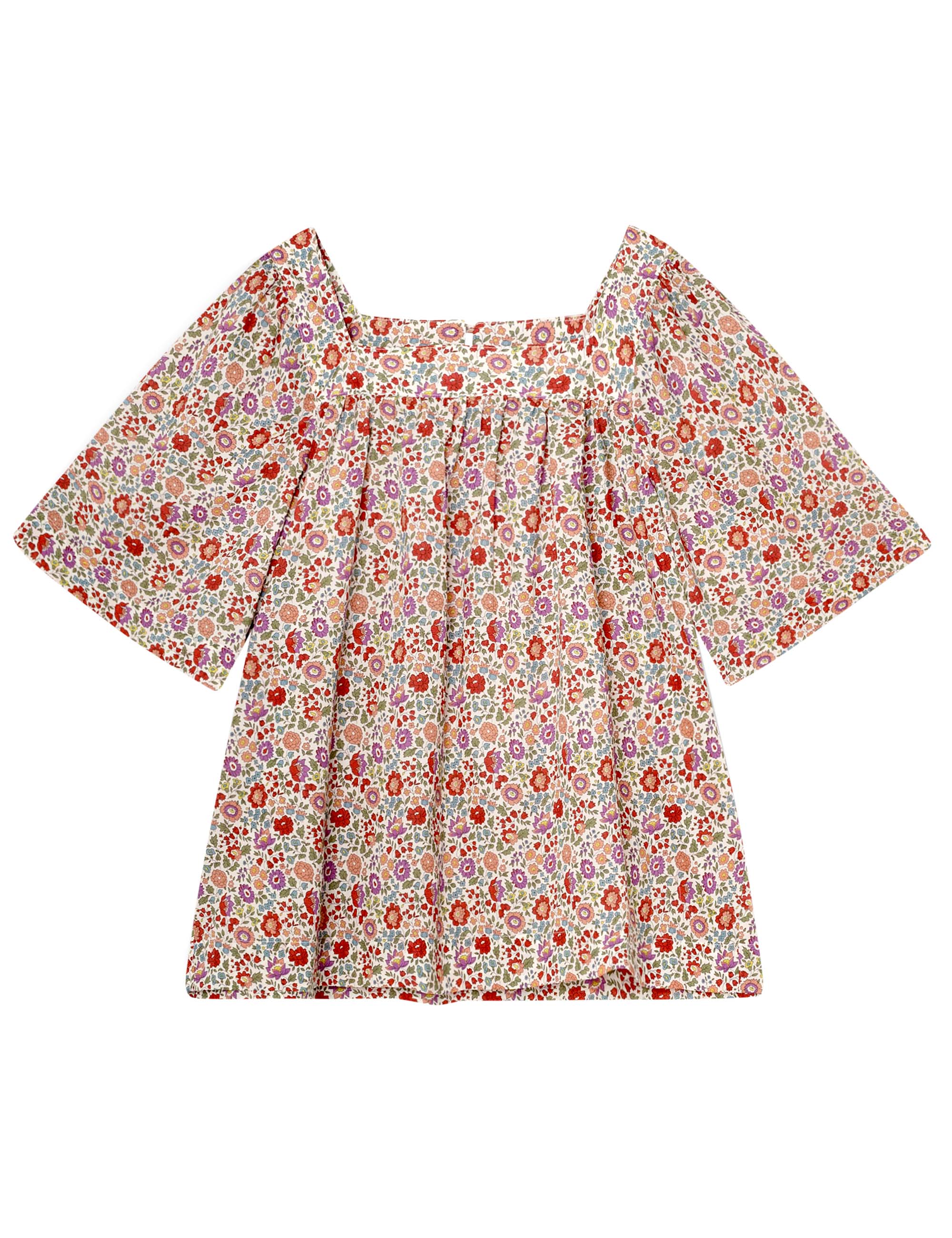 Loose fit summer blouse with short wide sleeves in multi-colored floral patterned Liberty cotton