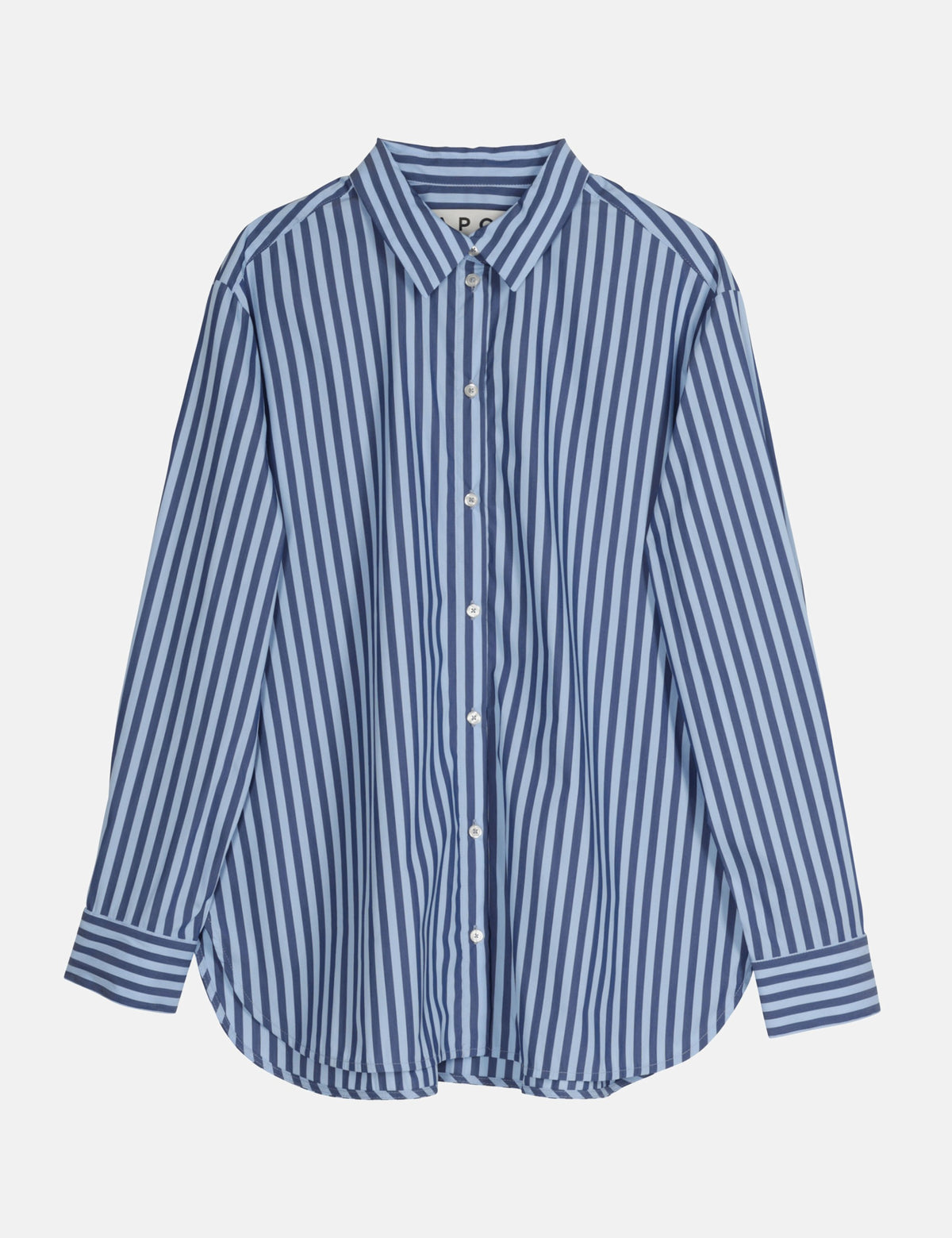 A blue and white vertically striped long-sleeve button-up women's shirt with a pointed collar and white buttons, displayed on a light gray background.