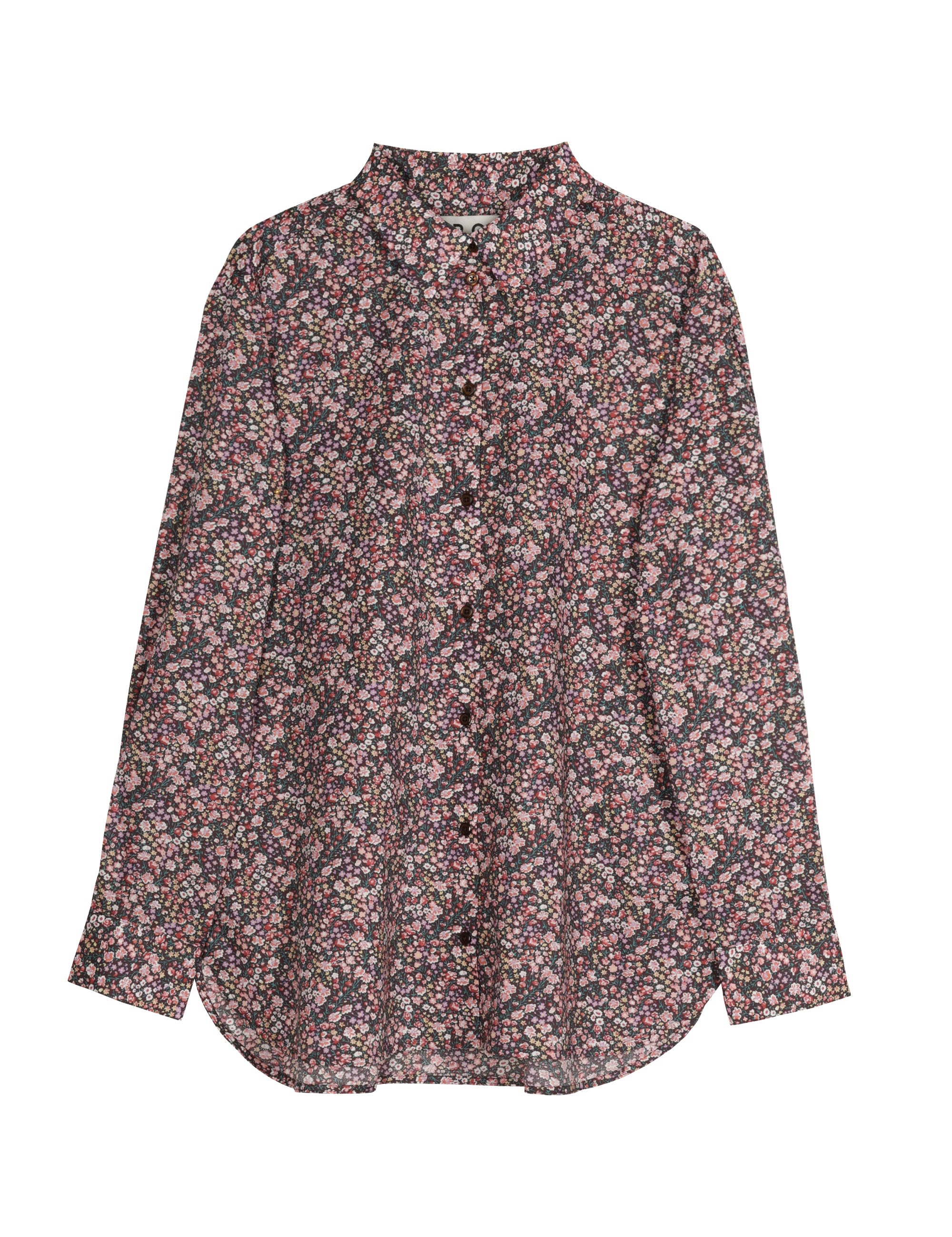 Women's straight pink and blue small flower patterned shirt with long sleeves
