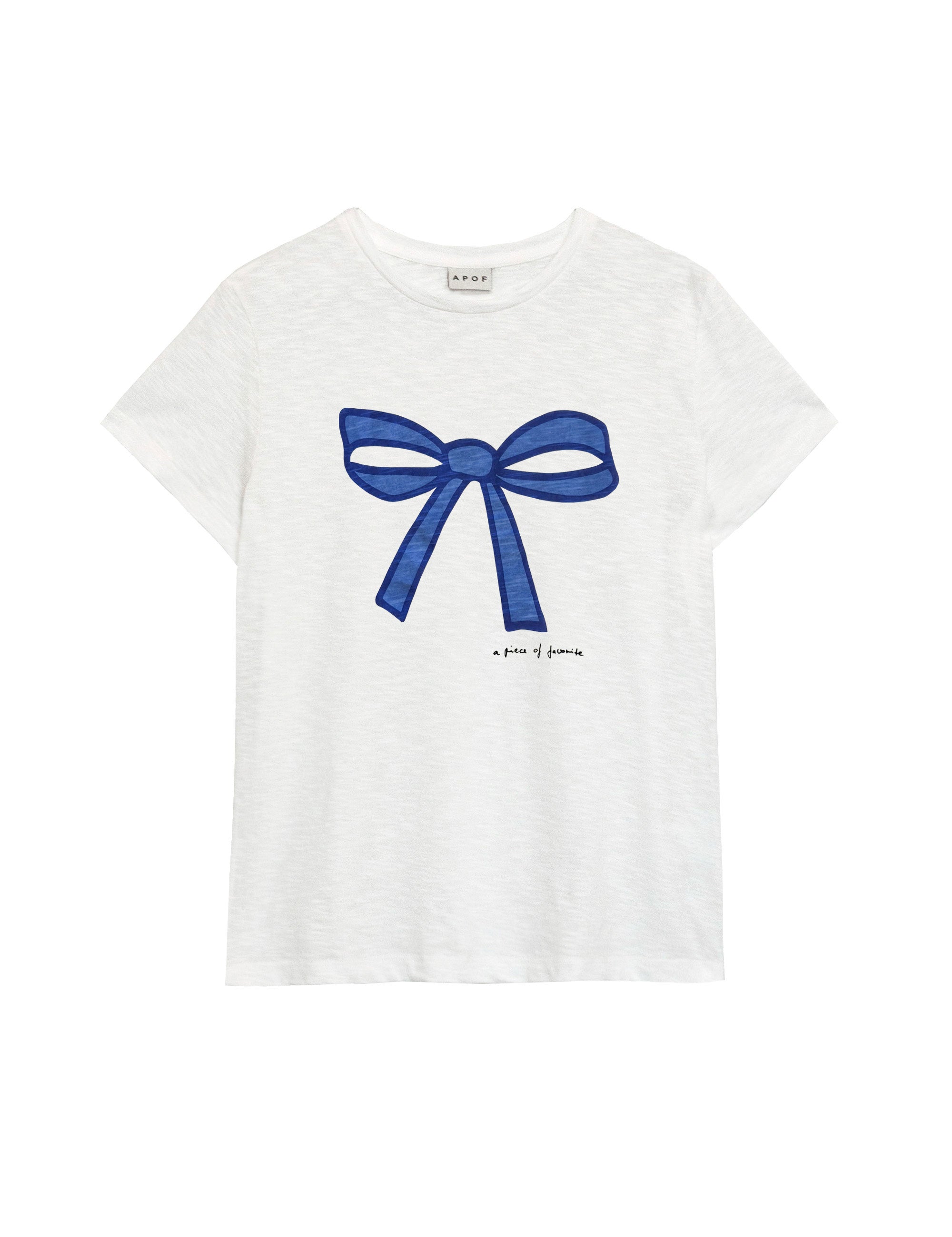Women's white short sleeved t-shirt with large blue bow print