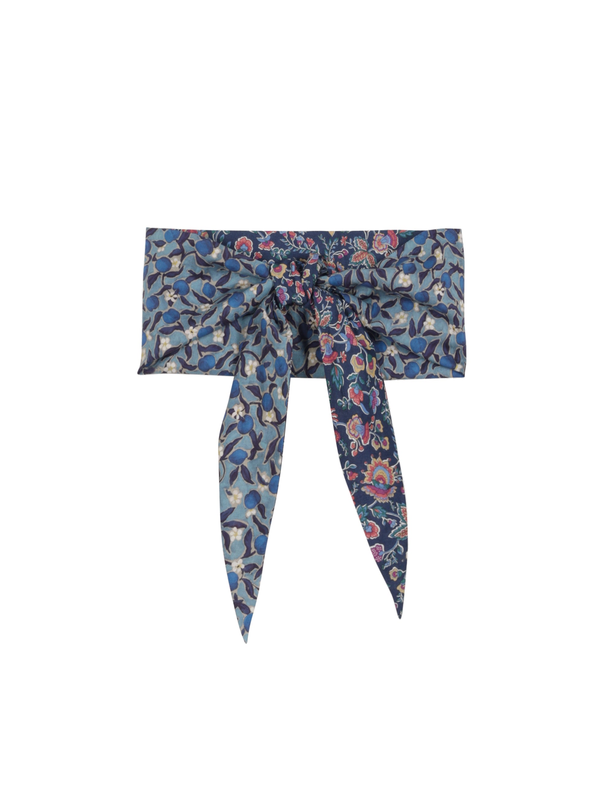 floral neck scarf with pointed ends, tied in a bow