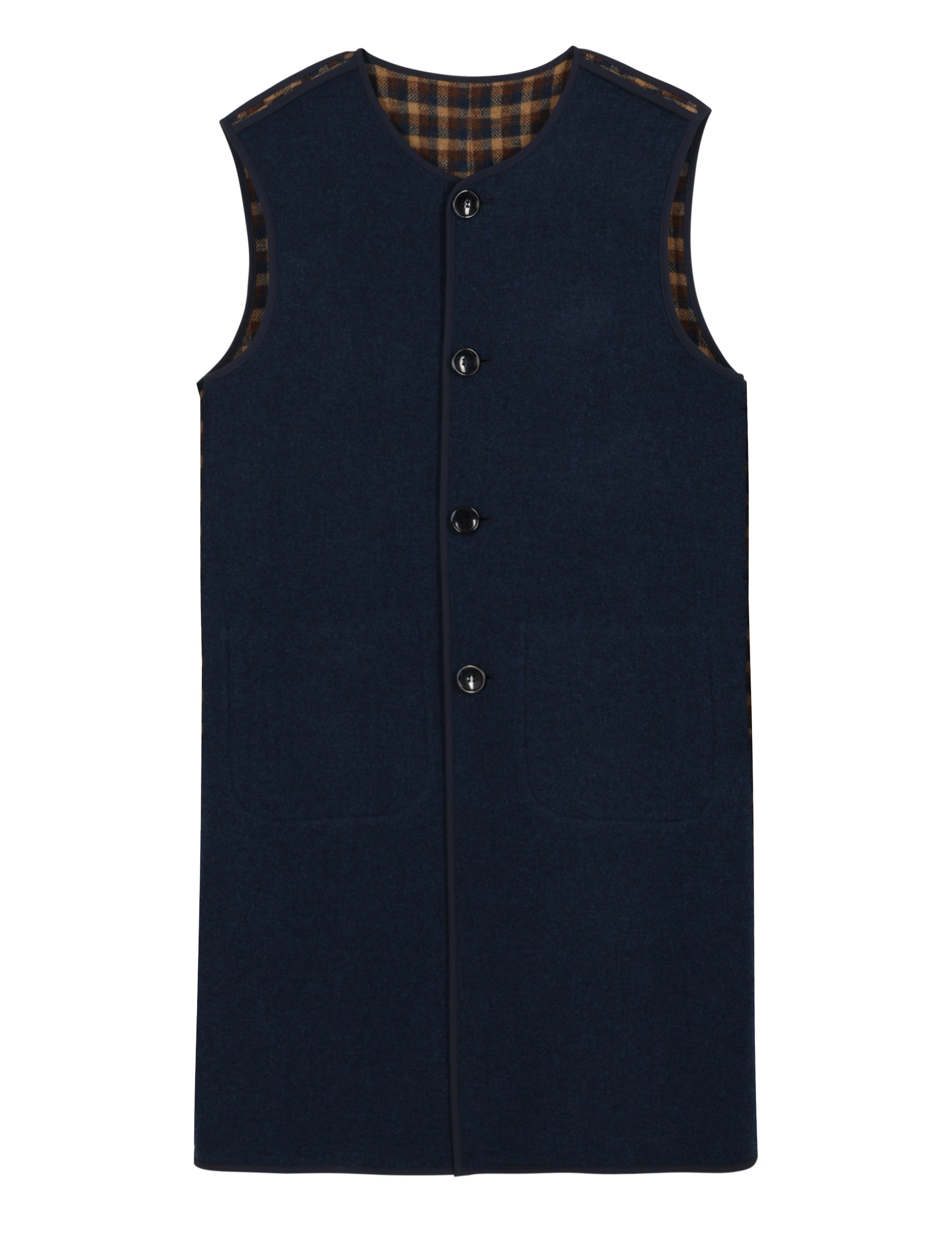 Long blue women's wool vest with large buttons