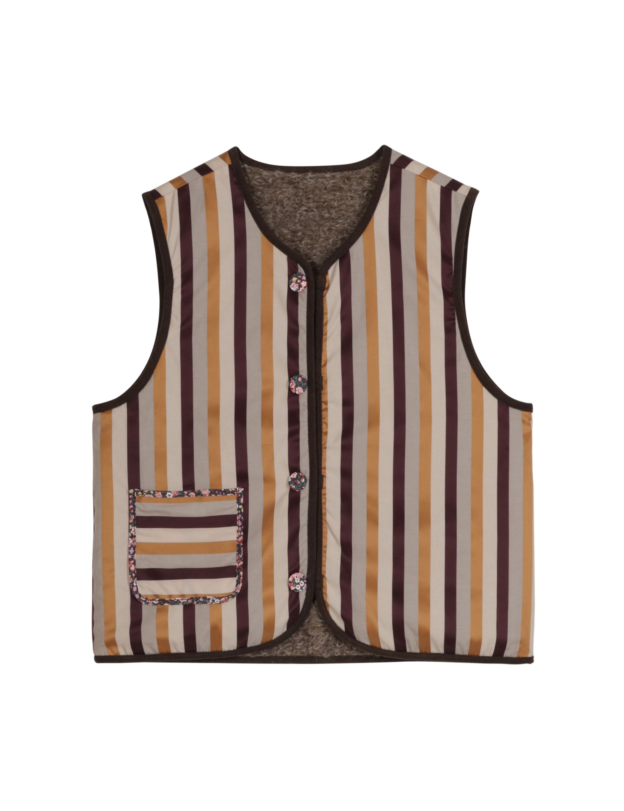 Red white and yellow striped women's vest with wool on other side