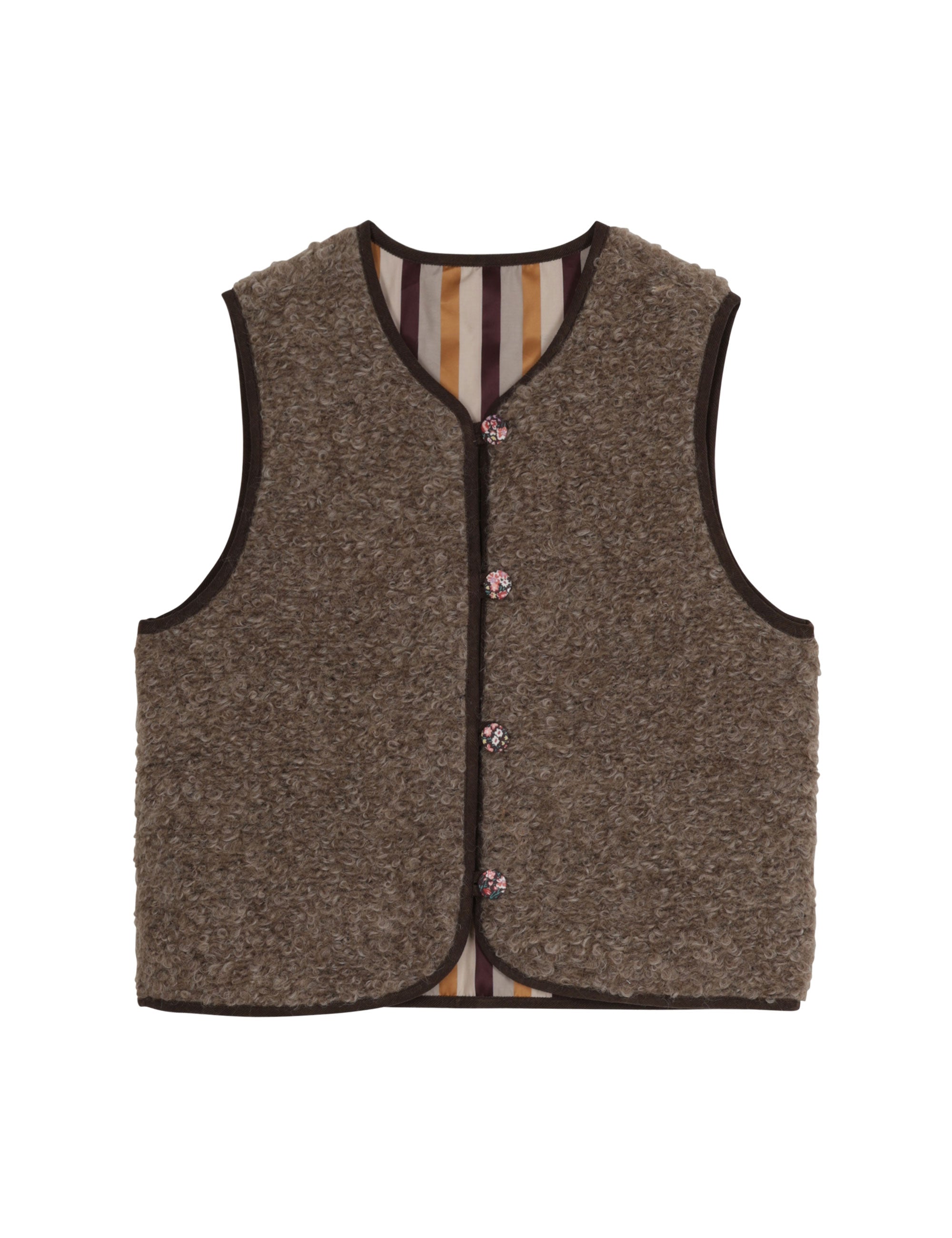 Women's wool vest with striped back side and covered buttons