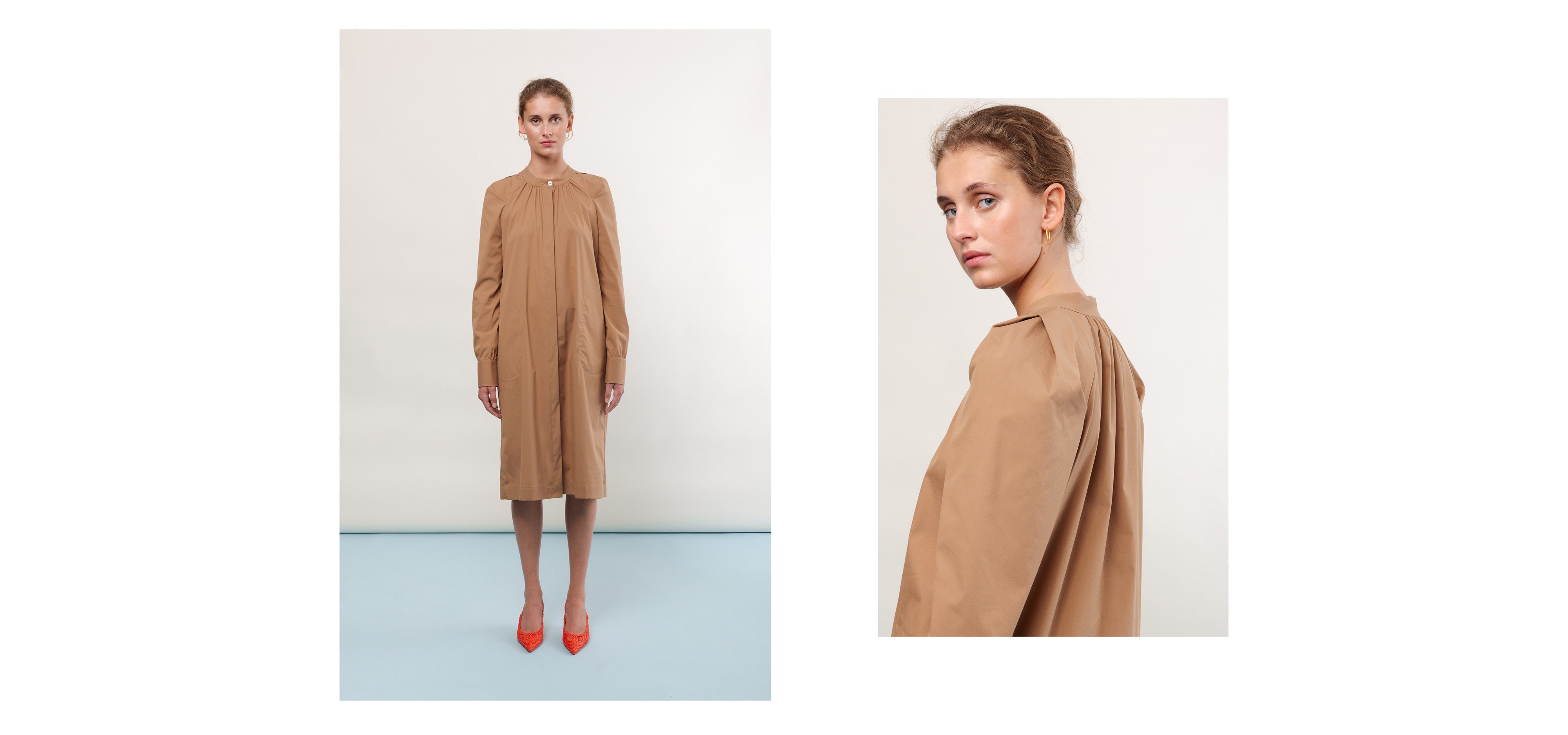 Woman in brown midi dress with long sleeves