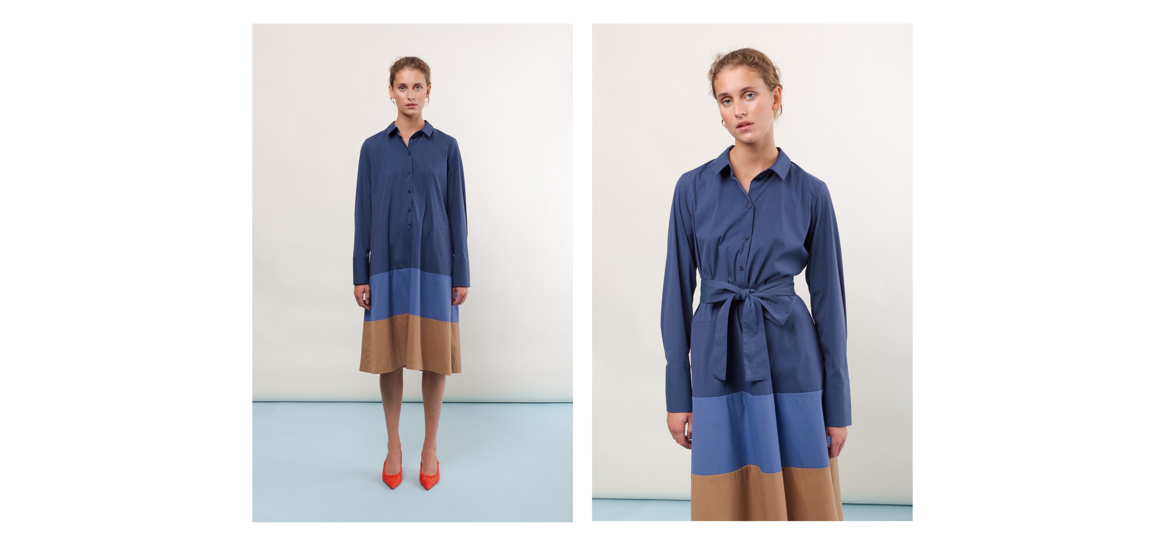 Woman in brown and blue midi shirt dress with belt
