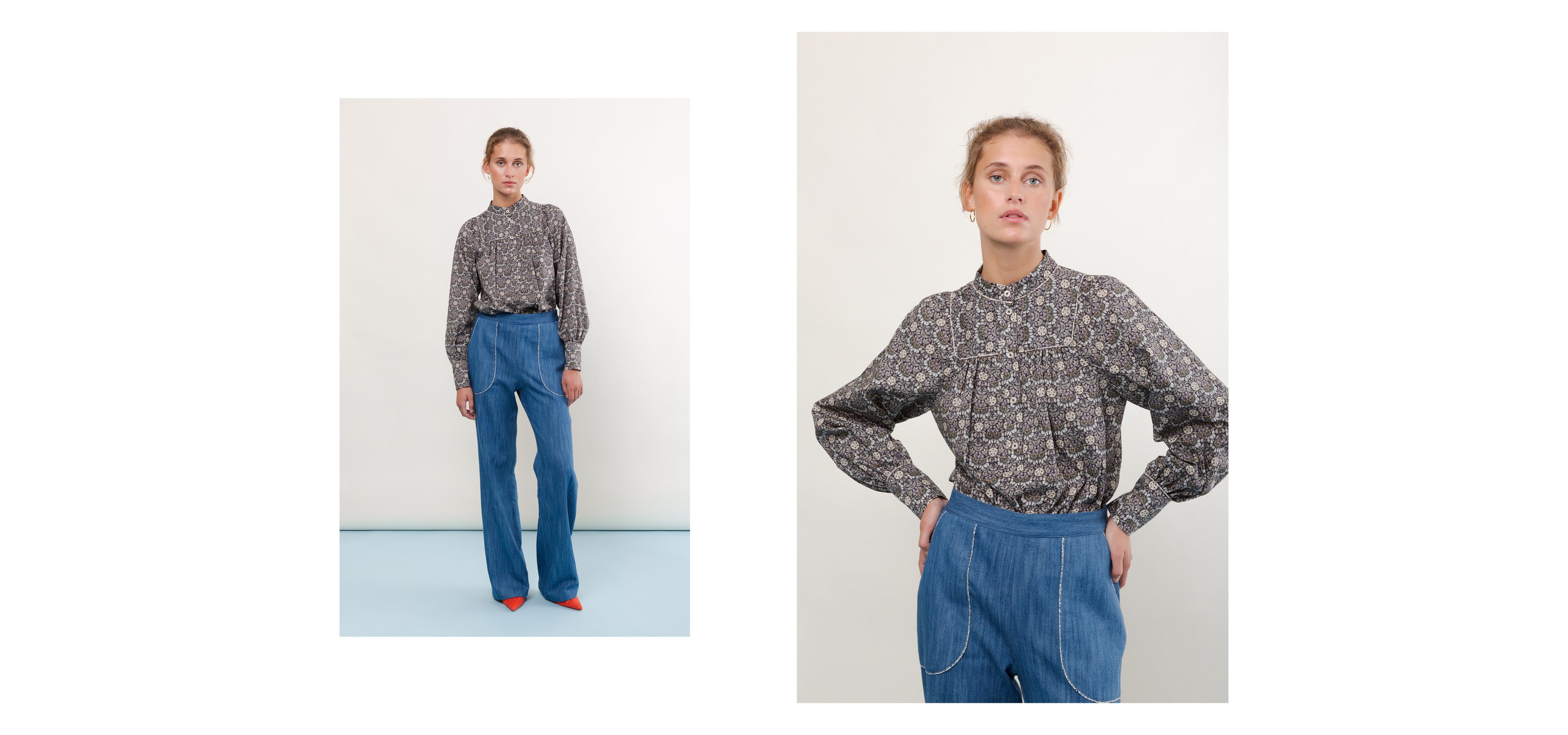Woman in jeans and floral patterned long sleeve shirt