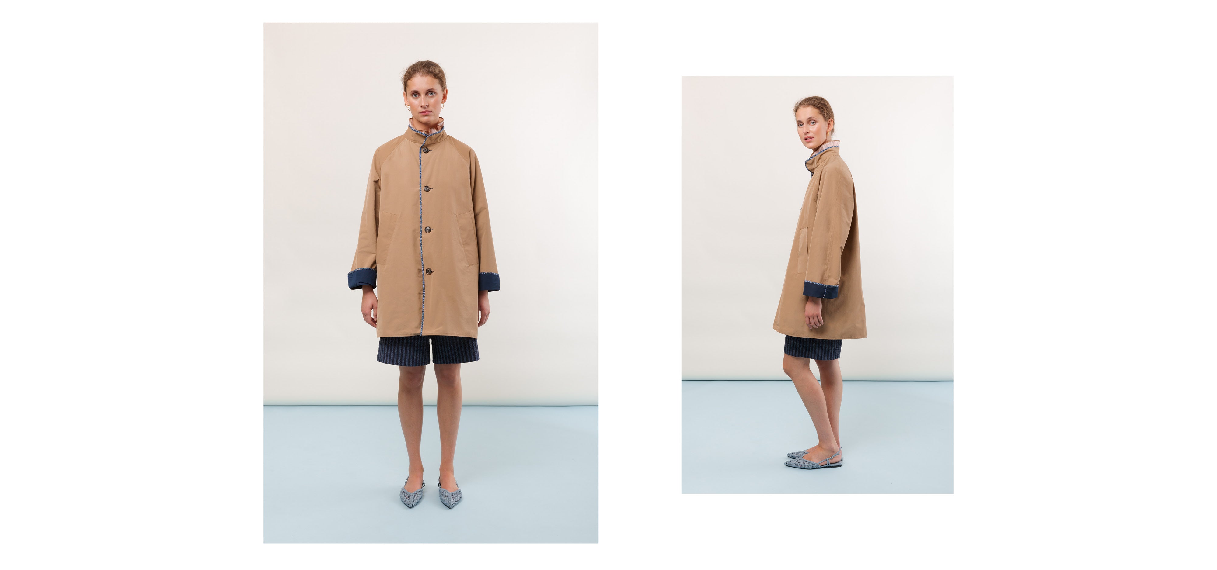 Woman in beige water repellant jacket and striped shorts
