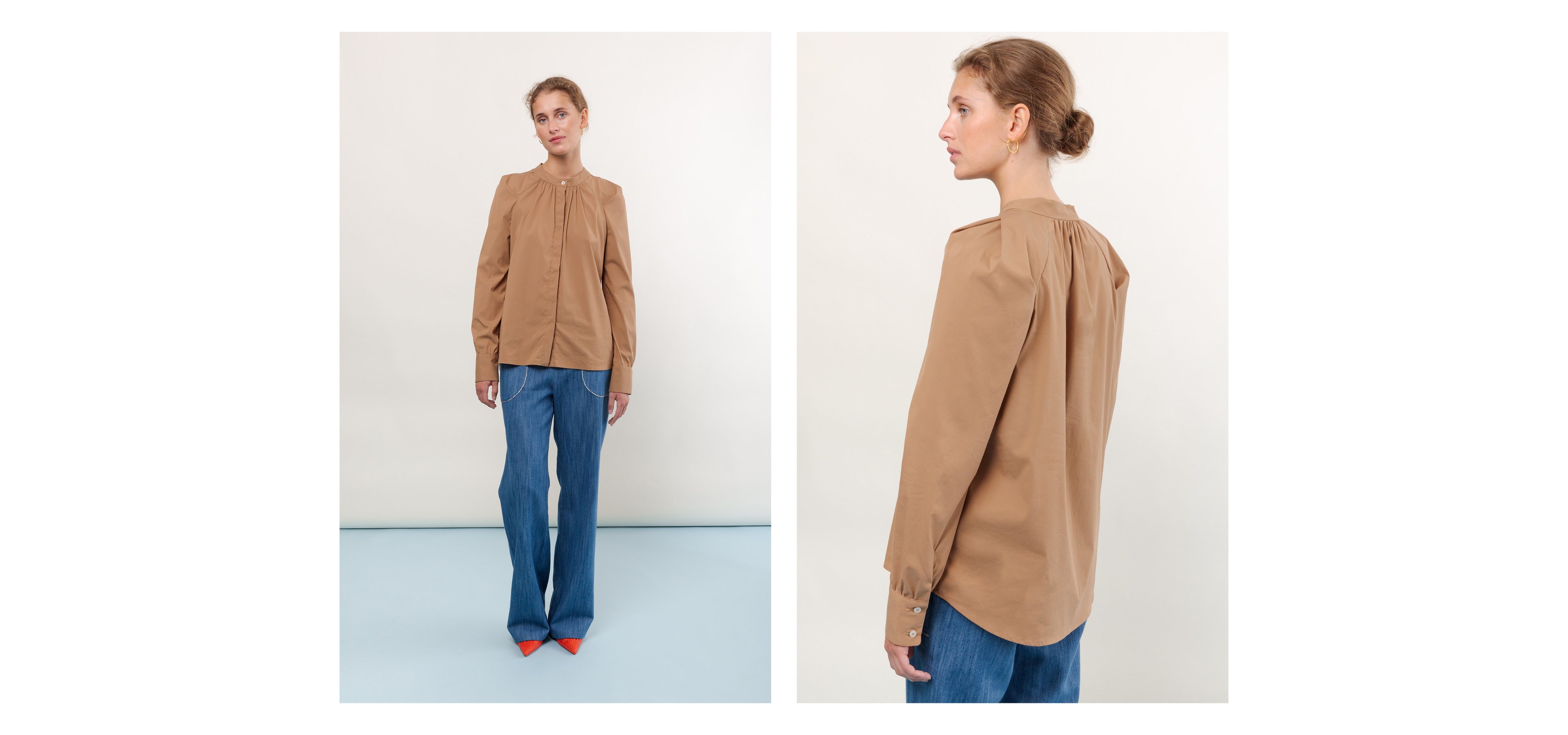Woman in beige shirt with long sleeves and blue jeans