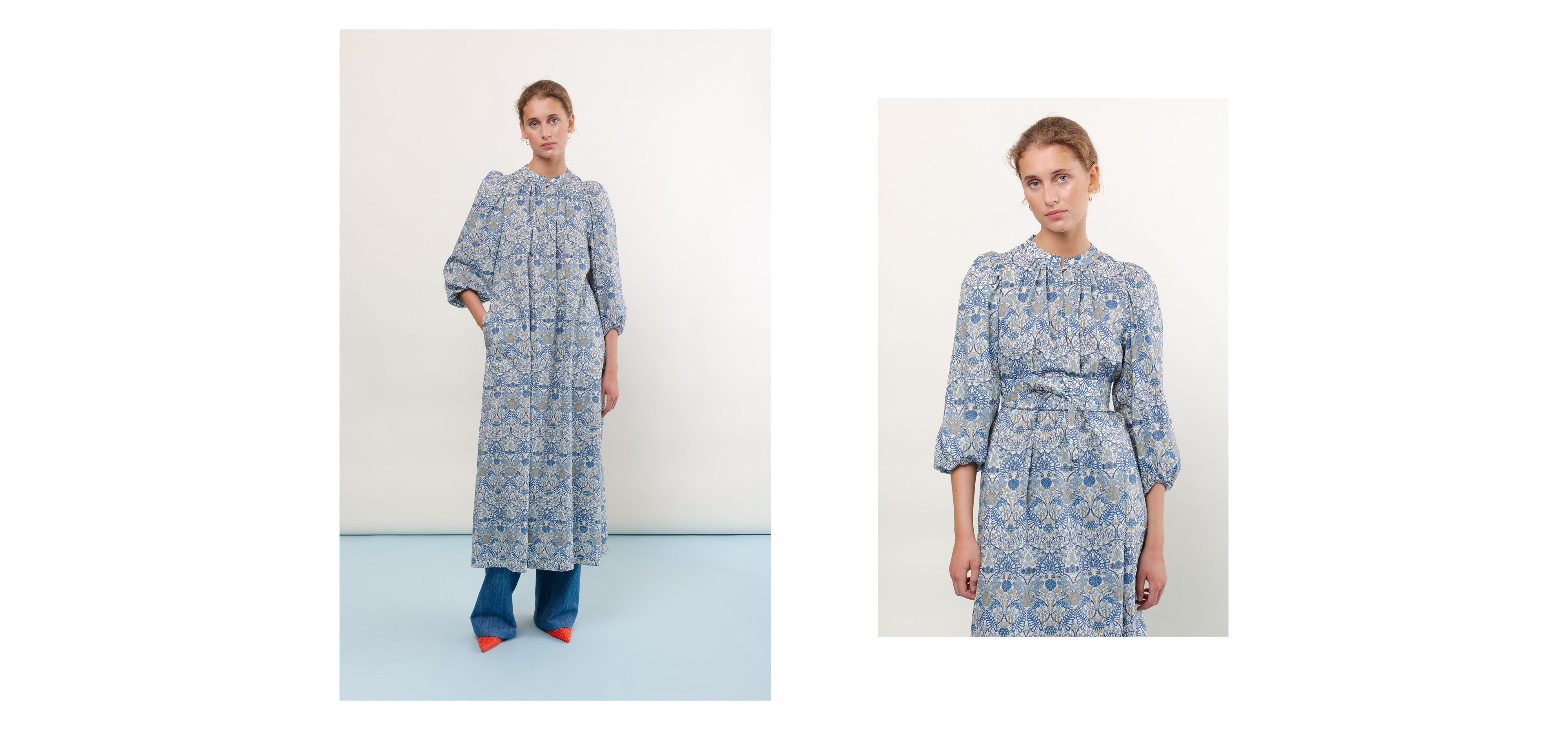 Woman in long blue patterned dress in Liberty cotton with lon sleeves and belt