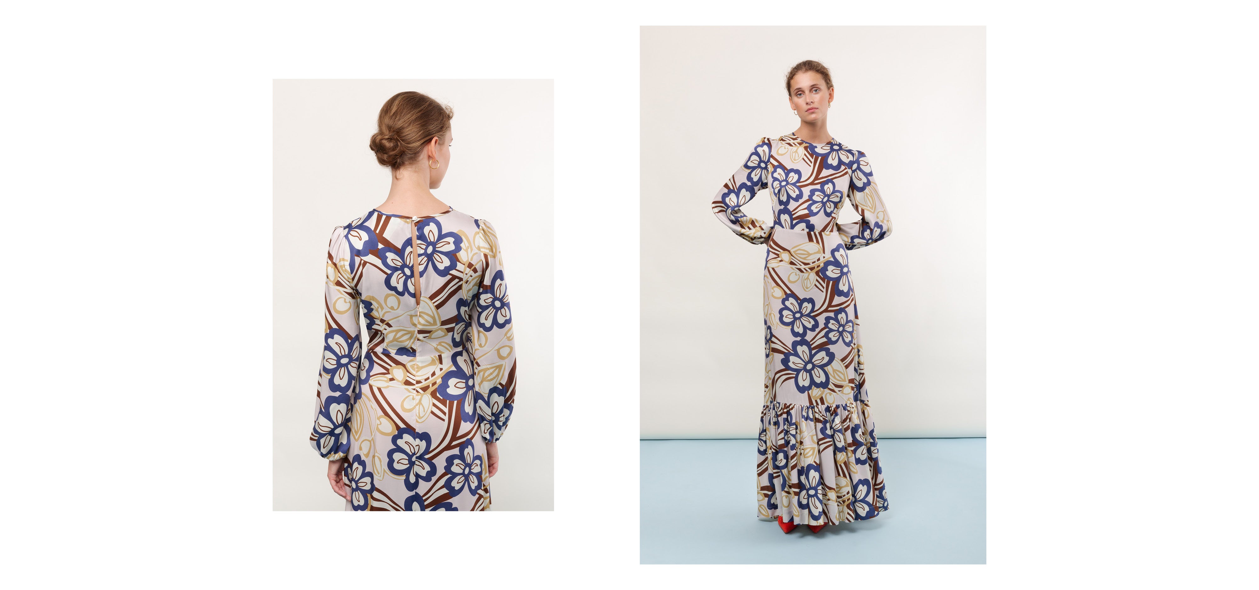 Woman in maxi dress with multi-colored large flower pattern and long sleeves