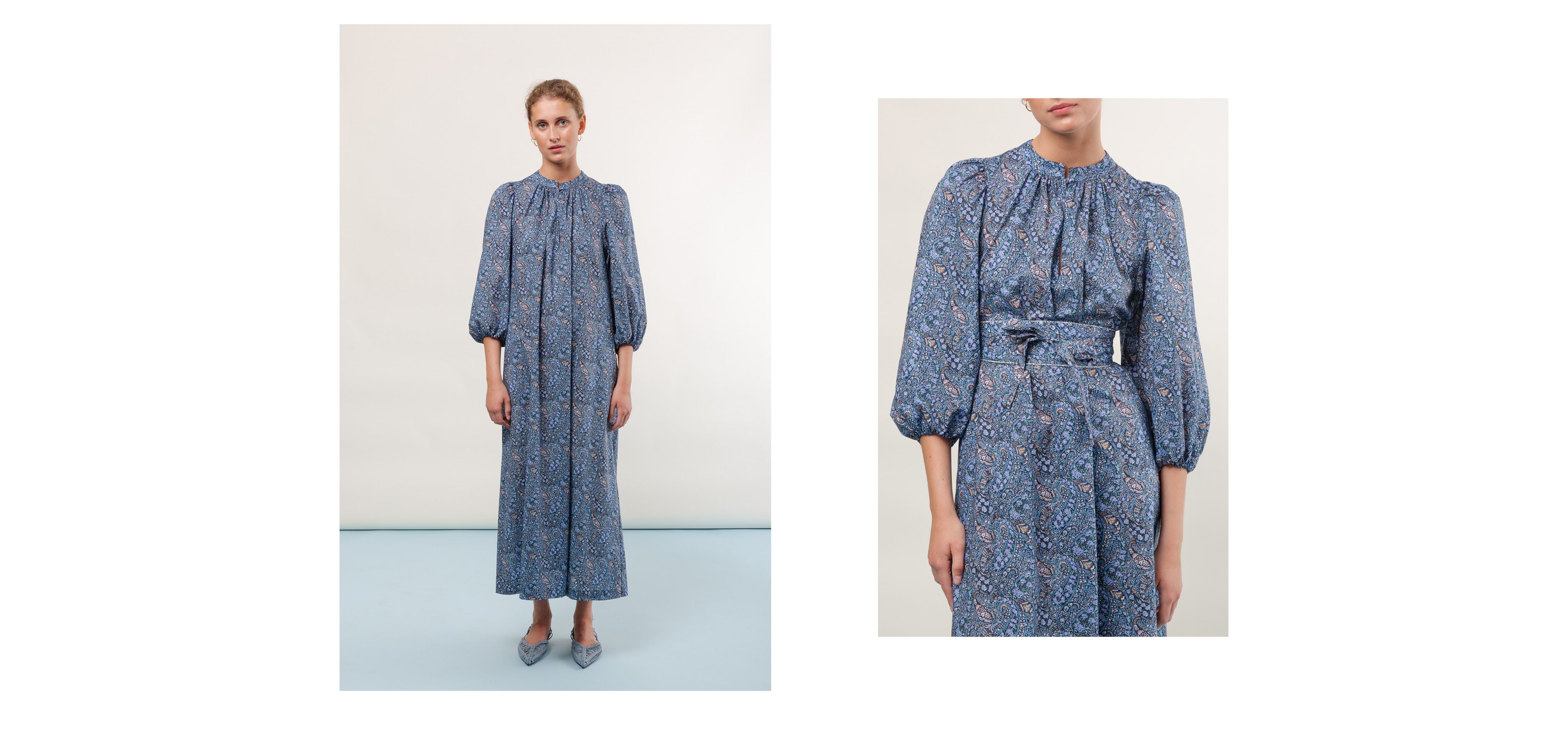Woman in blue flower patterned Liberty cotton maxi dress with belt