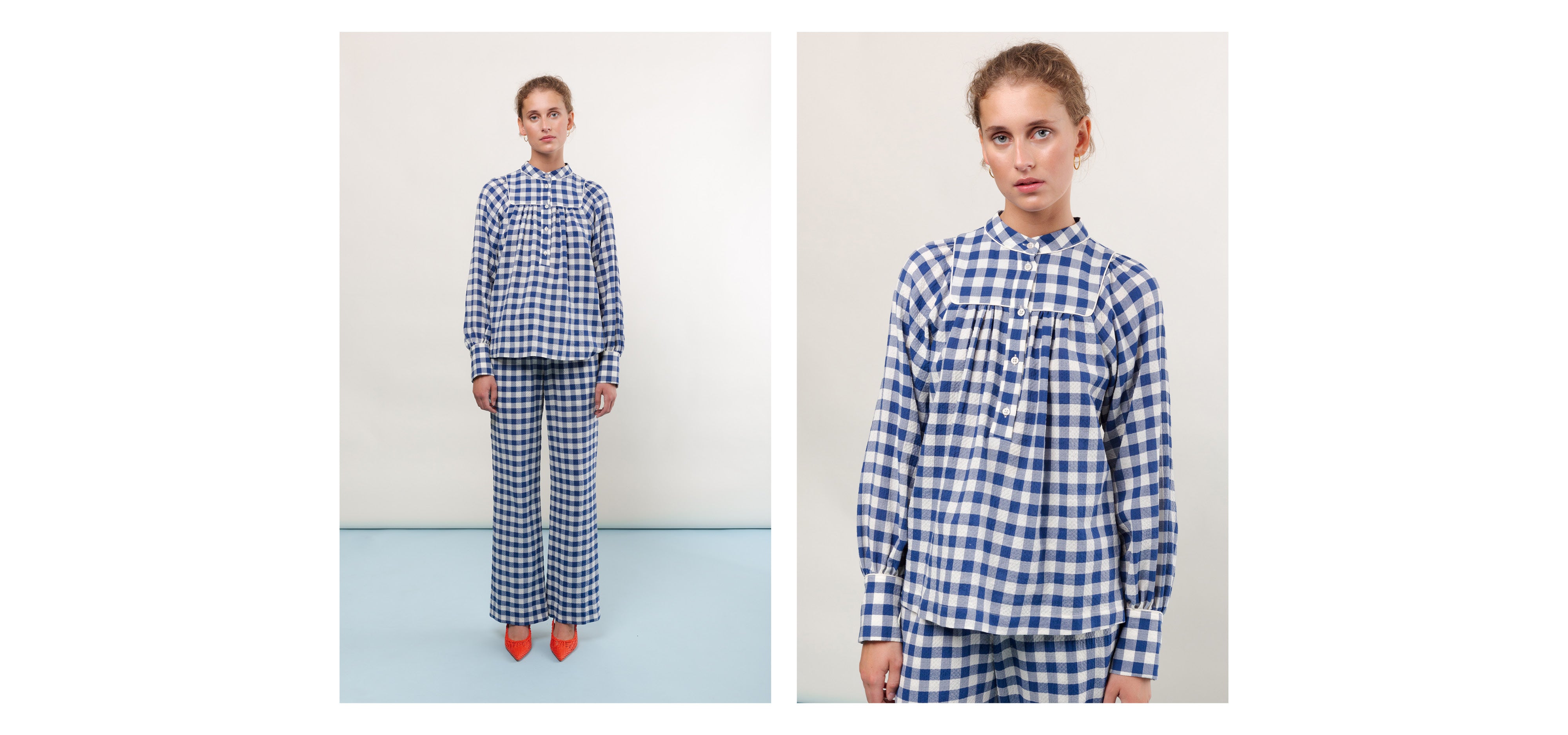 Woman in blue and white checked pants and long sleeved shirt