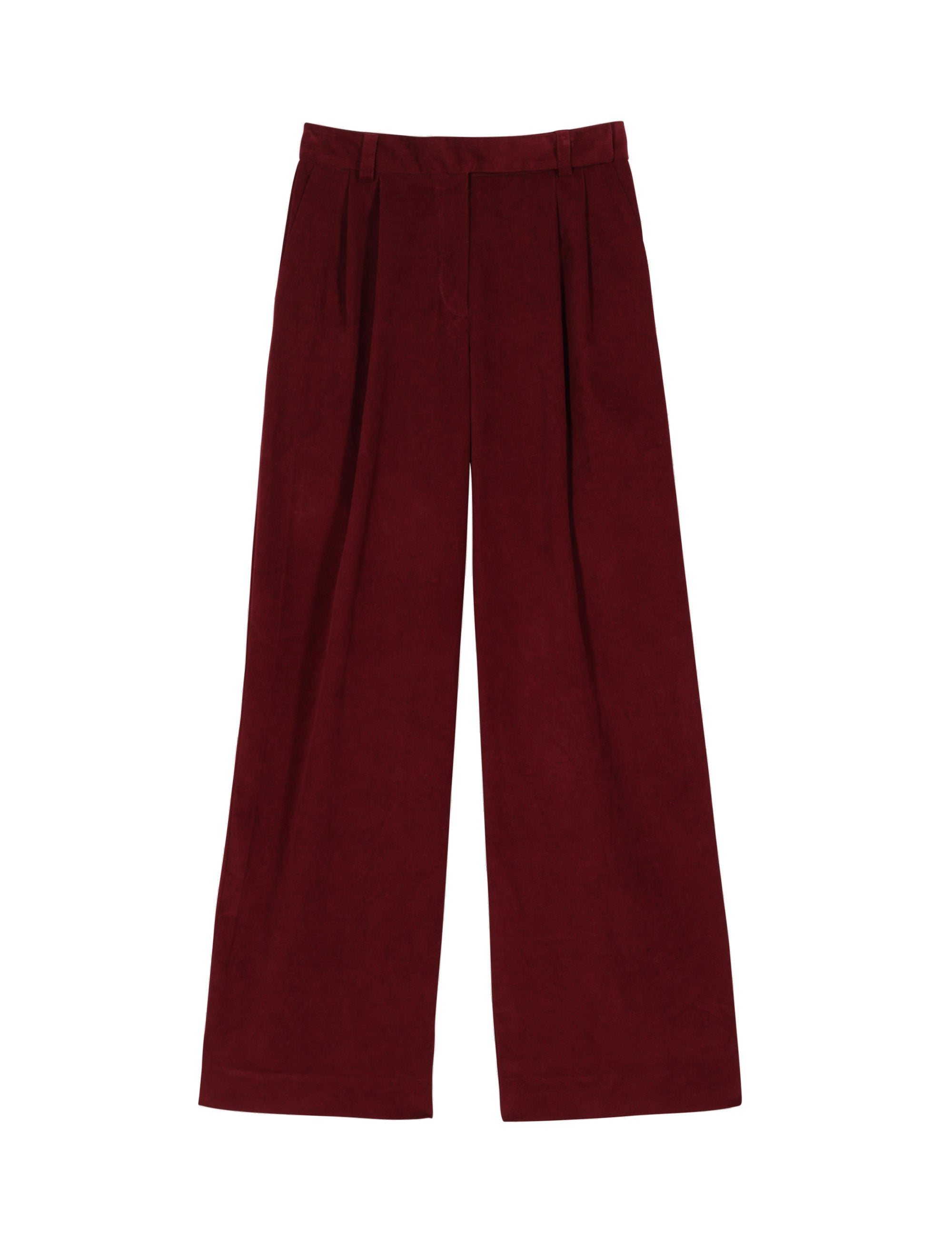 Flat lay of wide-leg burgundy corduroy trousers with pleated front
