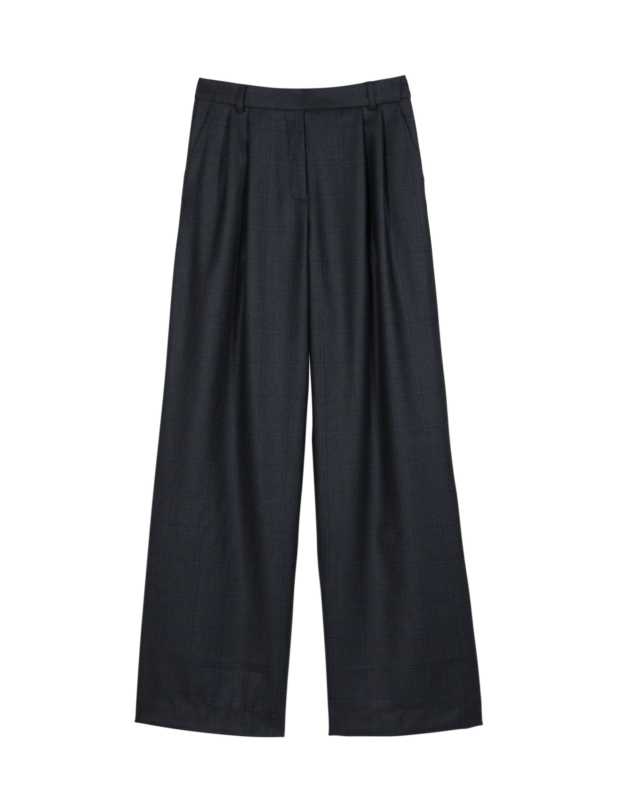 dark wide-leg trousers with pleated front and tailored waistband