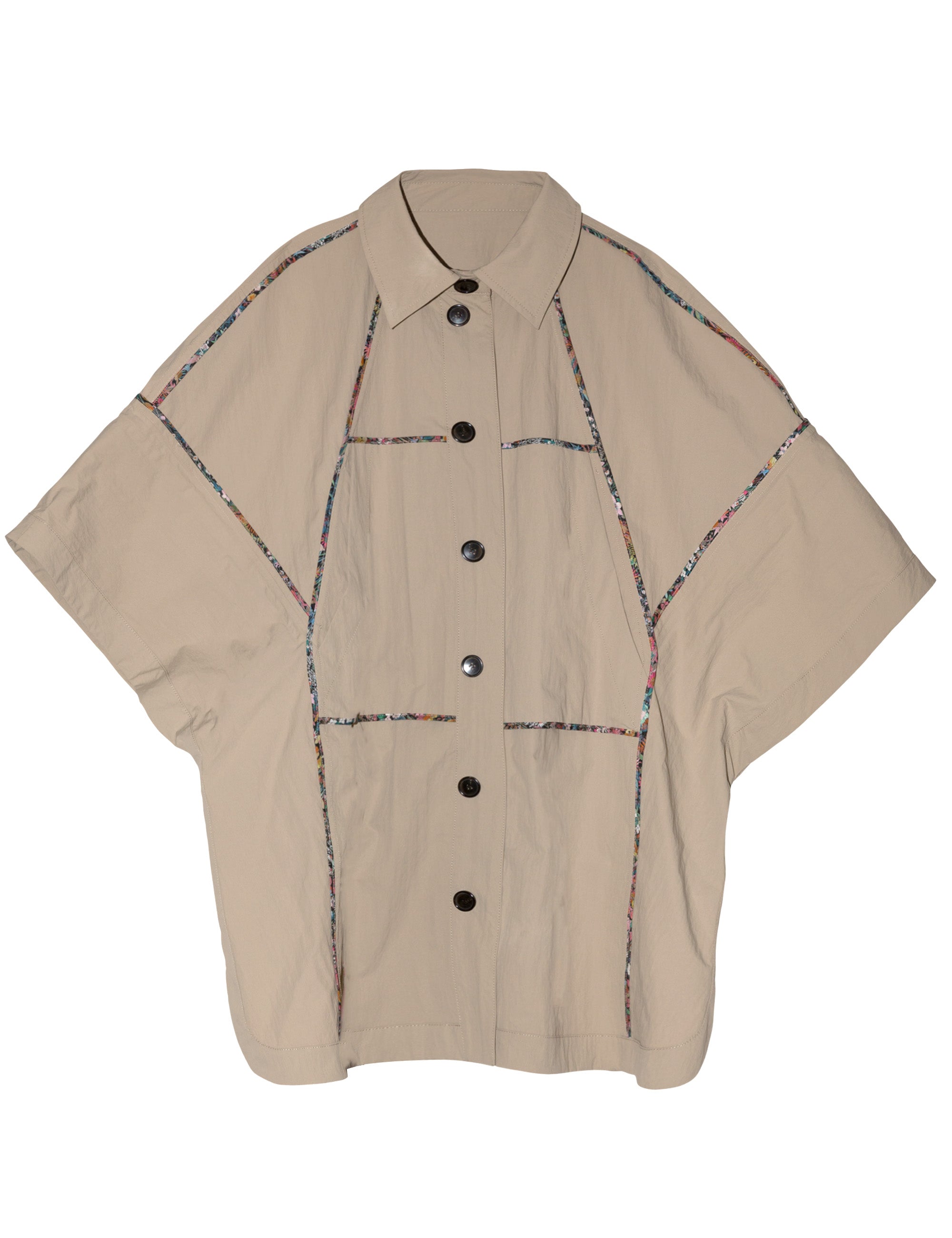 Women's beige khaki jacket with black buttons, pockets and floral print pipings