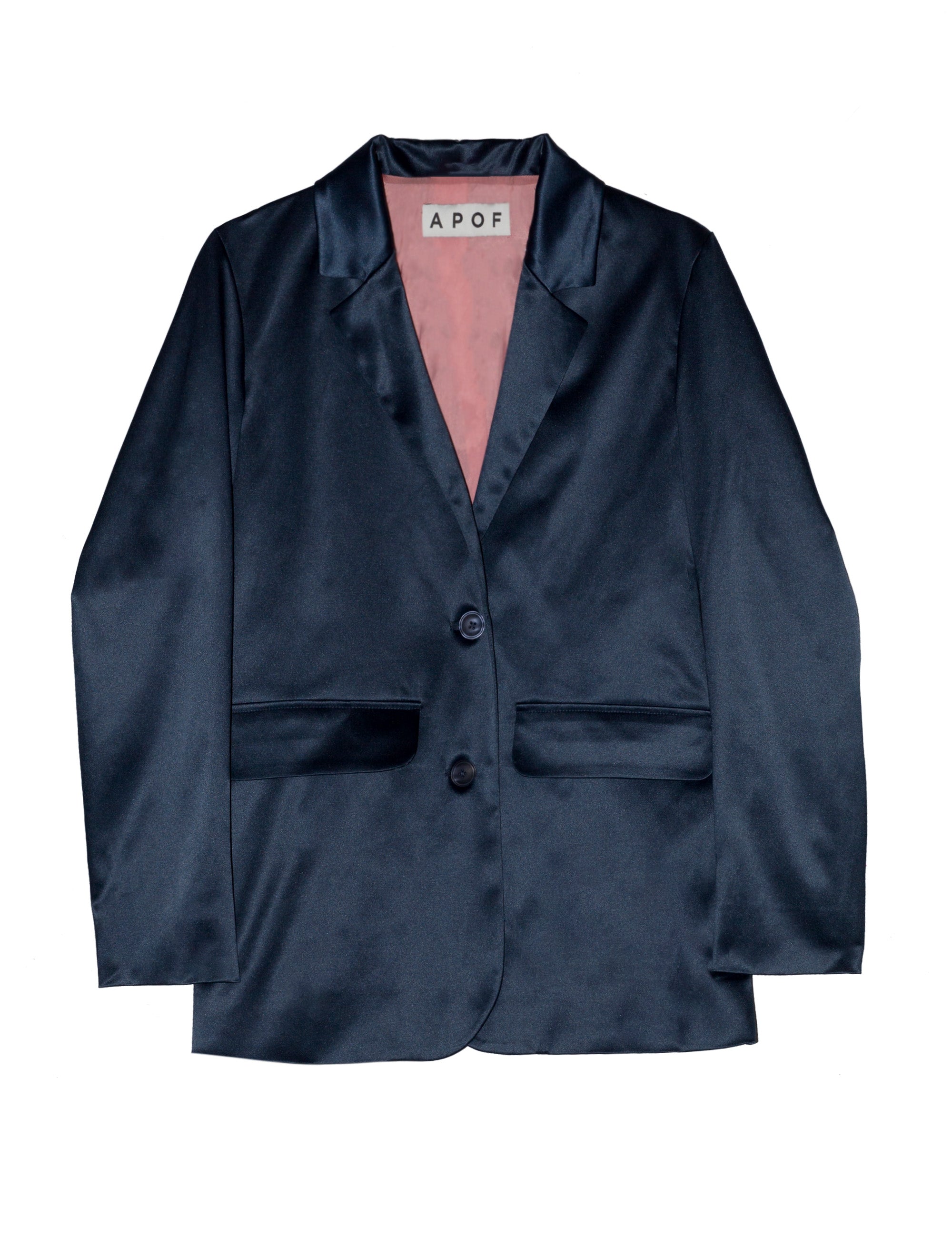 Blue women's jacket with pockets, buttons and pink lining